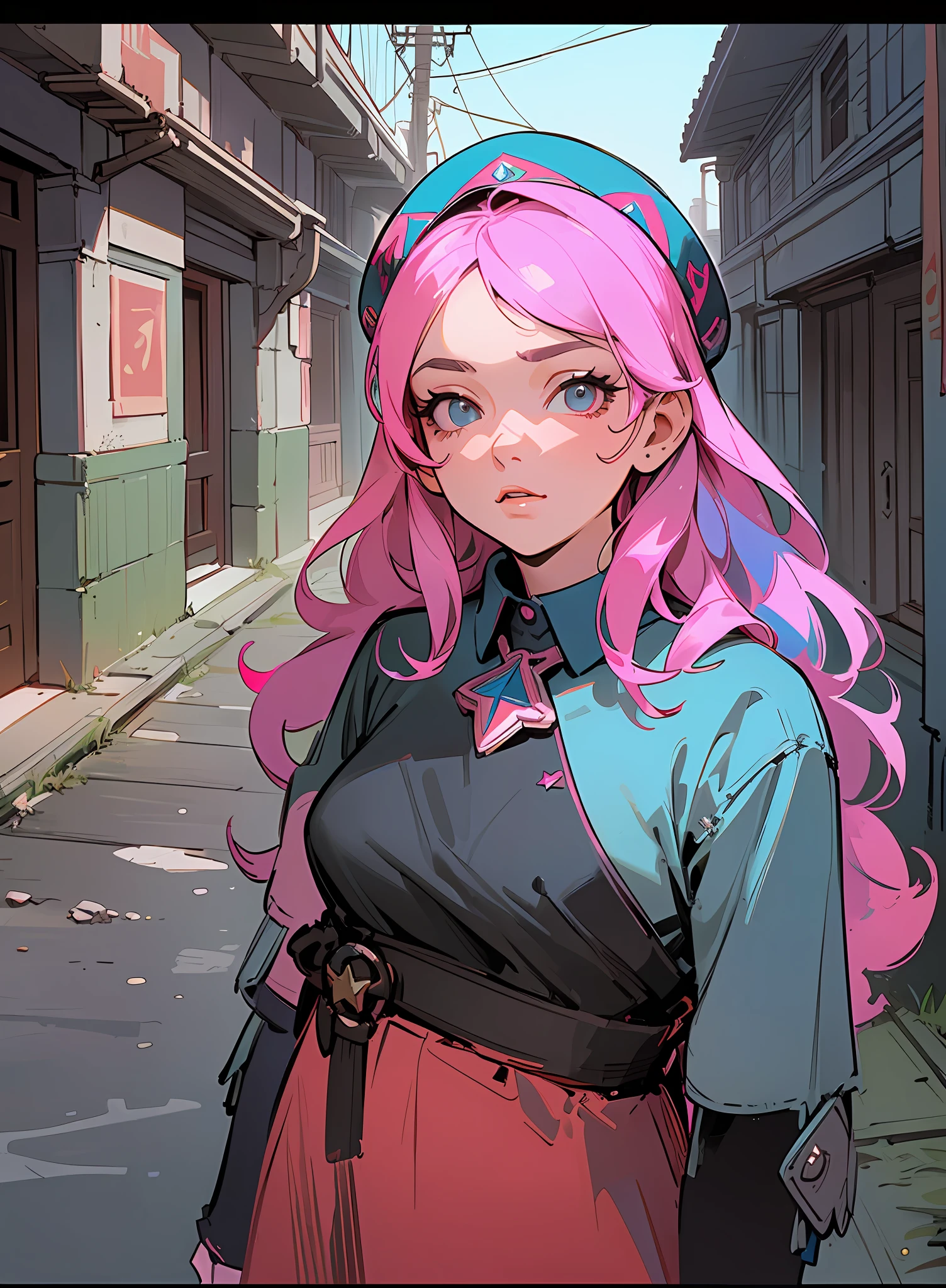 (masterpiece), (best quality), (best detail), (distant general point of view), (main color of the illustration: pastel blue), (secondary color: saturated dark pink), advertising poster of a very beautiful model and Soviet-style letters(very detailed face) with cheerful posture(very detailed fingers),western futuristic scenario of a dirty and old alley, at night (sky with many stars), , clean, busy environment, shading (detailed, lots of contrast), very saturated pulp colors
