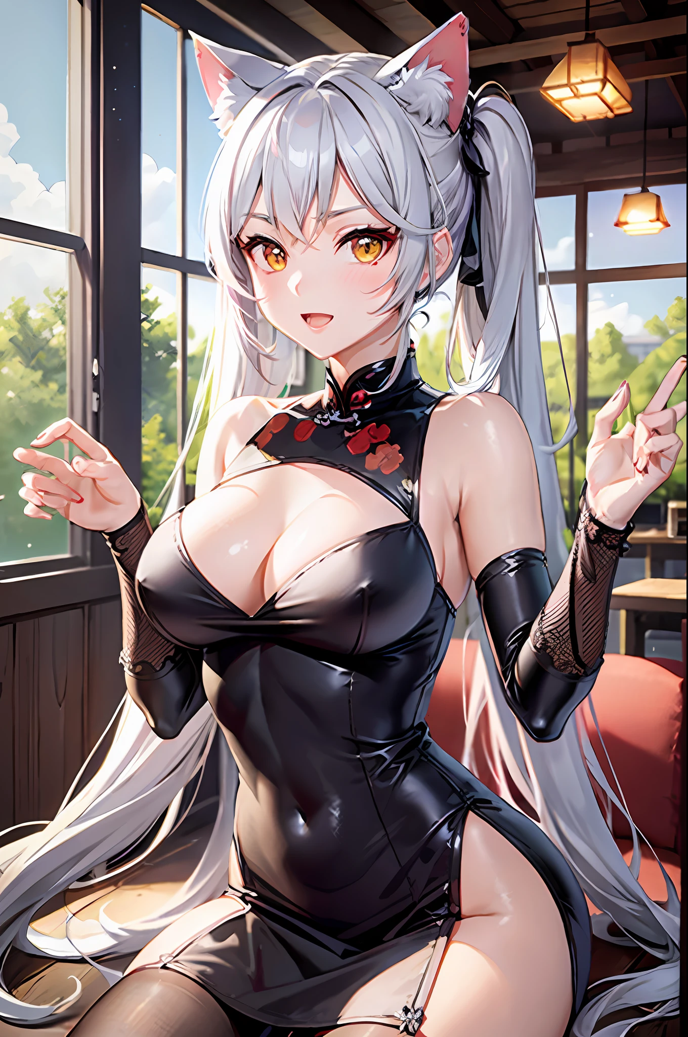 masterpiece, high resolution, high quality, red cheongsam, eatery, big breasts, cat ears, floral pattern, yellow eyes, gray hair, twin tails