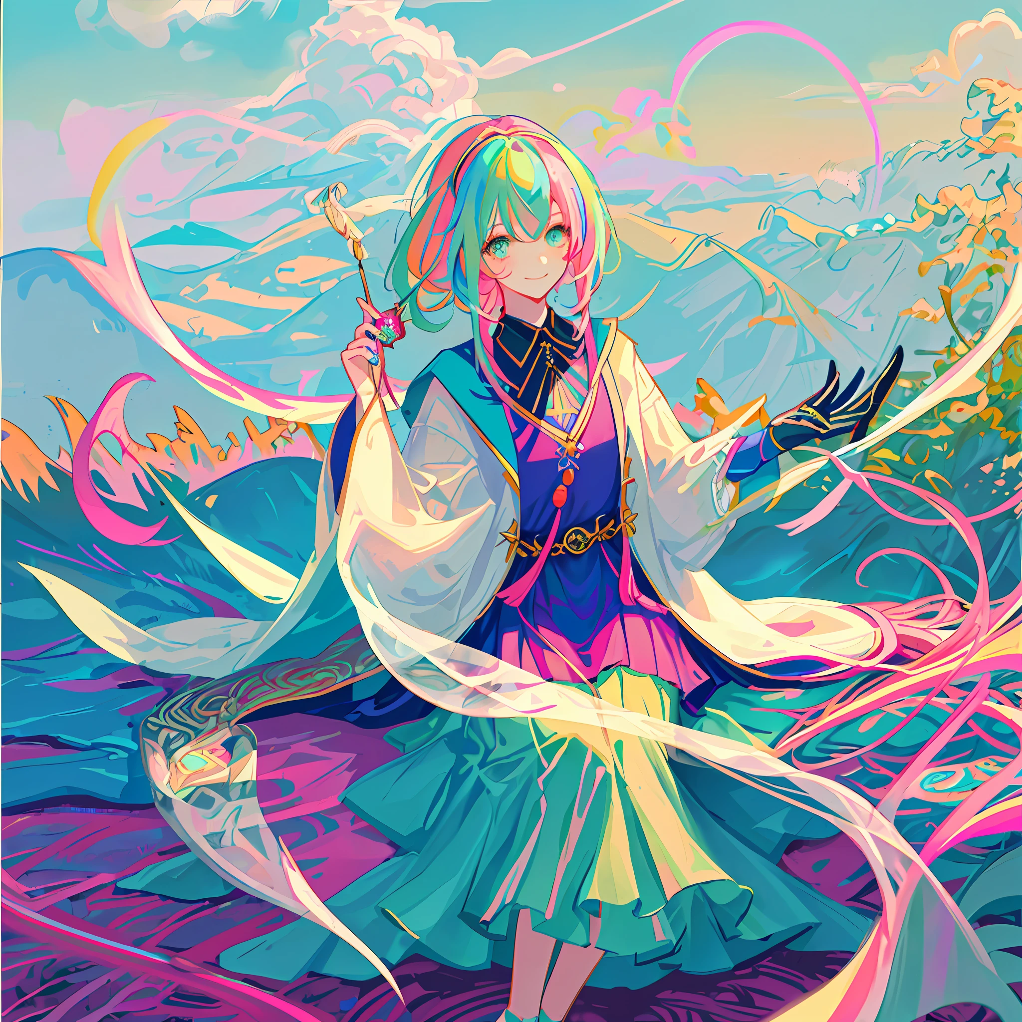 masterpiece, finely detailed beautiful eyes, glowing eyes, shiny hair, neon pink hair, green hair,pink streaked hair, blunt bangs, (((psychedelic))), paint hair accessories, colorful dress, 1girl, girl sitting on a futon, paint, ink, hair accessory, psychedelic hair, outdoors, solo, sky, blue nails, clouds, bangs, ((oneiric)), long sleeves, looking at viewer, blue paint splash, braid, colorful dress, Blushing, smiling, tarot cards, ((tarot))