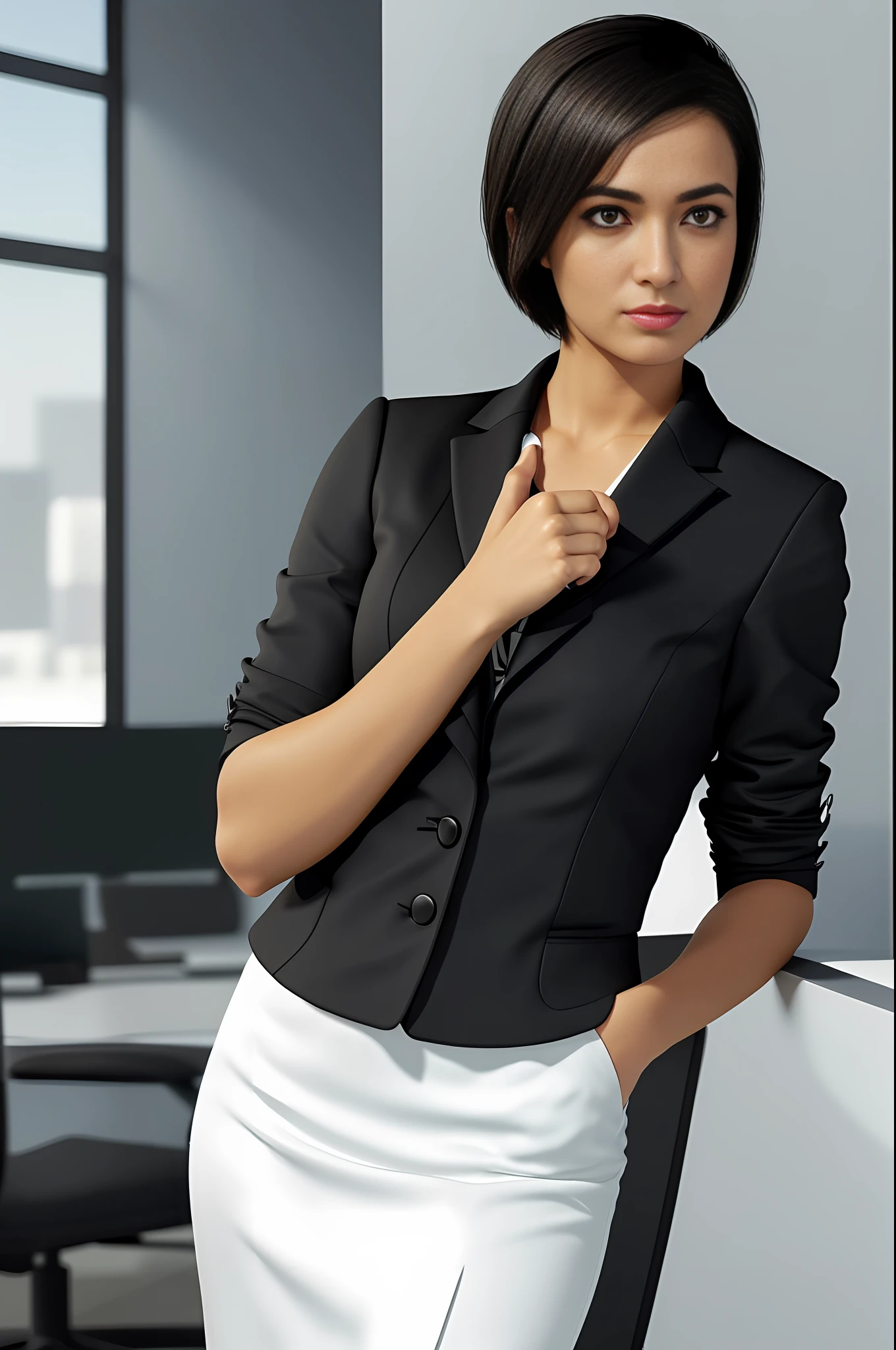 A Brazilian woman, (short hair: 0.5) wearing black dress pants, white dress shirt, tie, with cured arms, ((((serious business woman pose)))), inside the office, (four fingers and a thumb)(soft tones:1.25), (HDR:1.25), (artstation:1.2), dramatic, (intricate details:1.14), (hyperrealistic 3d render:1.16), (filmic:0.55), (rutkowski:1.1), (faded:1.3)