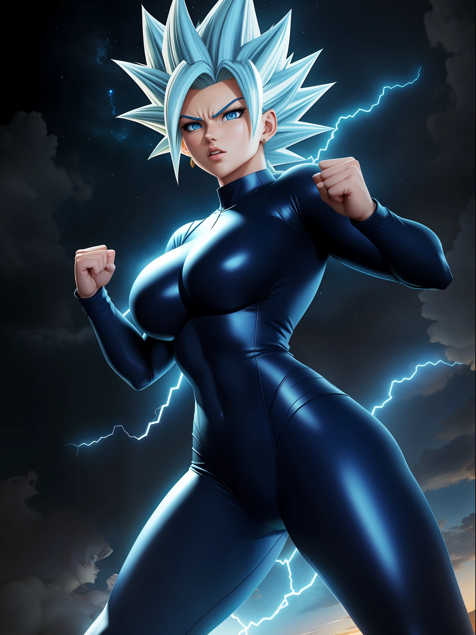 full body photo, Super Saiyan 2, Woman with Vegeta's costume, giant breasts, very tight clothes on the body, long spiky hair Blue, blue eyes, body covered in blue aura with strong emanation, in a fighting position, precise movement, fists up, facing the viewer, looking, hand closed, in the sky at night raining heavily with heavy clouds and strong thunder, vibrant colors, Ultra Instinct, anger vein, determined, evil, Masterpiece, high quality, 16k, UHD, anatomically correct, award winning, high details, masterpiece