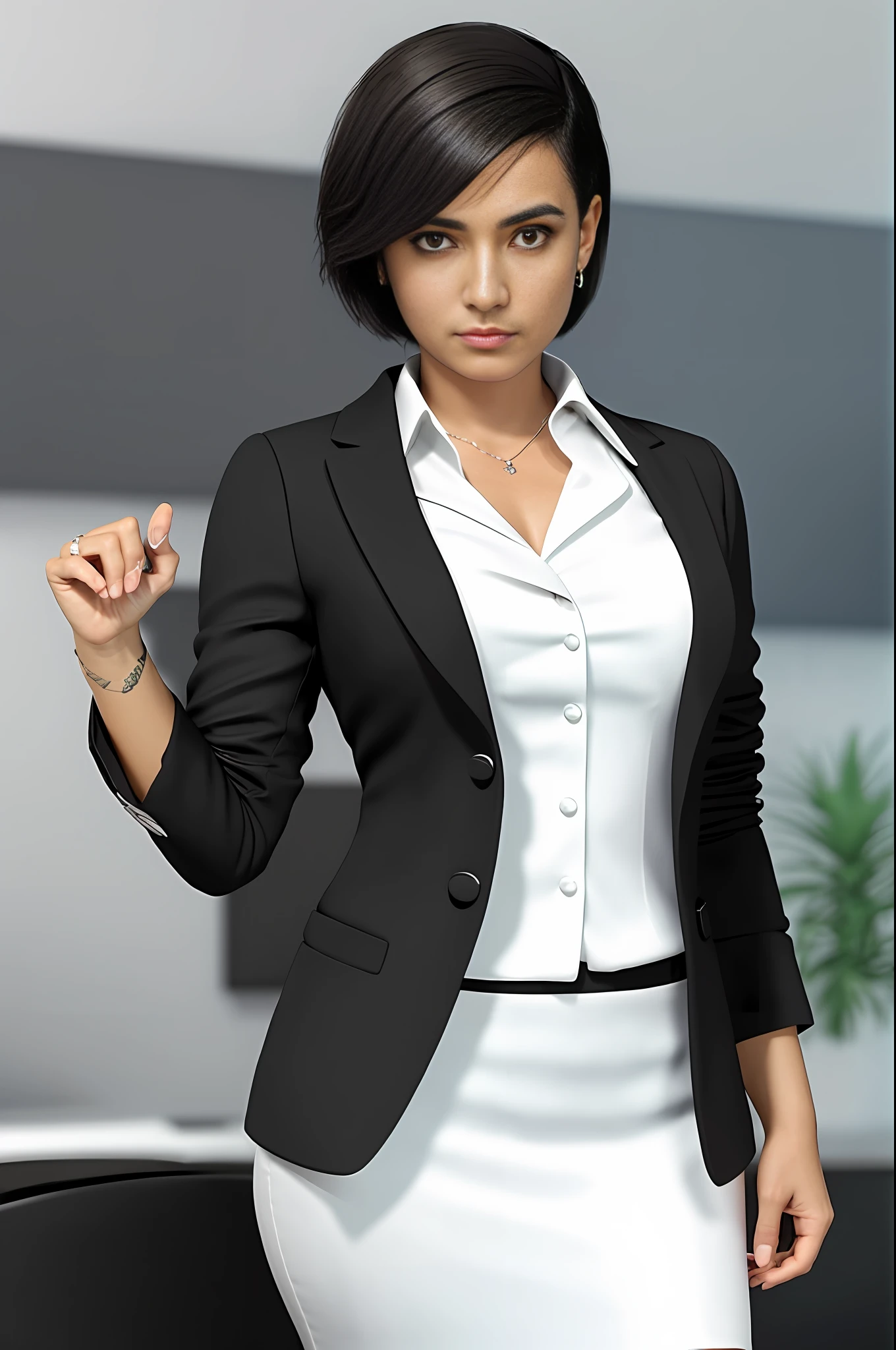 A Brazilian woman, (short hair: 0.5) wearing black dress pants, white dress shirt, tie, with cured arms, ((((serious business woman pose)))), inside the office, (four fingers and a thumb)(soft tones:1.25), (HDR:1.25), (artstation:1.2), dramatic, (intricate details:1.14), (hyperrealistic 3d render:1.16), (filmic:0.55), (rutkowski:1.1), (faded:1.3)