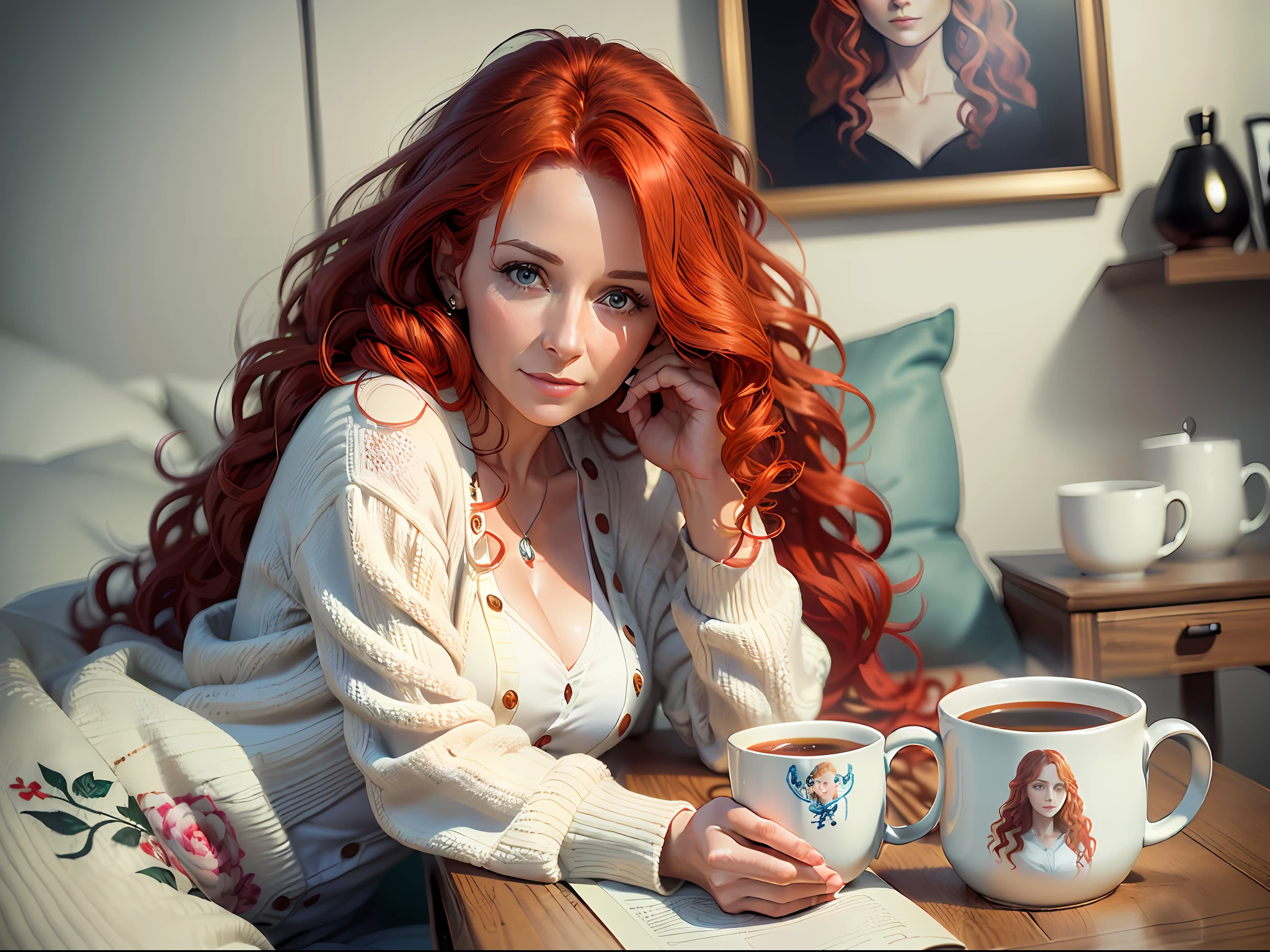 ((image of very high quality and detail)) ((photography realistic)) a beautiful young woman of 30 years old, red hair, long curly hair, dressed for bed in a white linen cardigan, holding an elegant custom mug with artwork, custom mug, bright face art mug, realistic, long shot, by Canon EF 50mm f/1.8 STM camera,