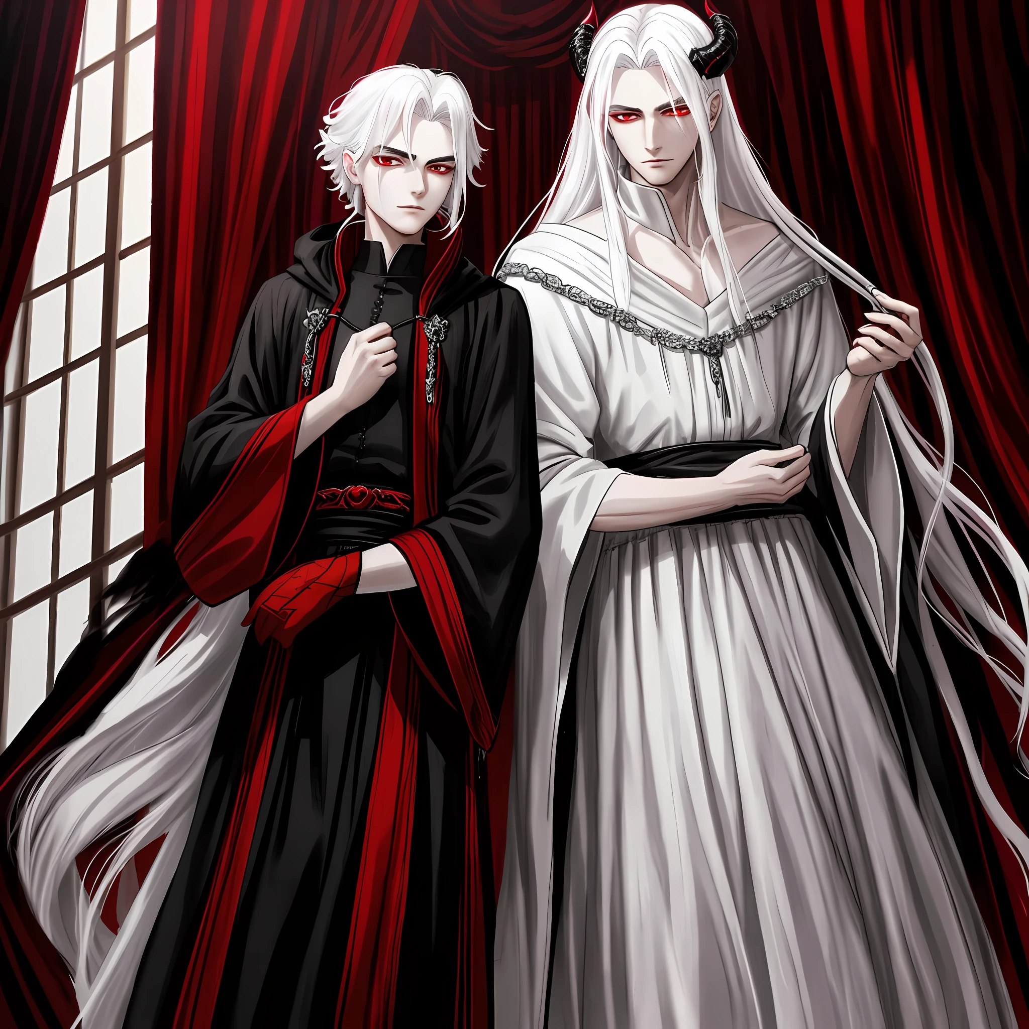 A beautiful young demon prince of darkness with his beautiful white hair and his beautiful red eyes, wearing a beautiful black robe, his face is very beautiful and perfect