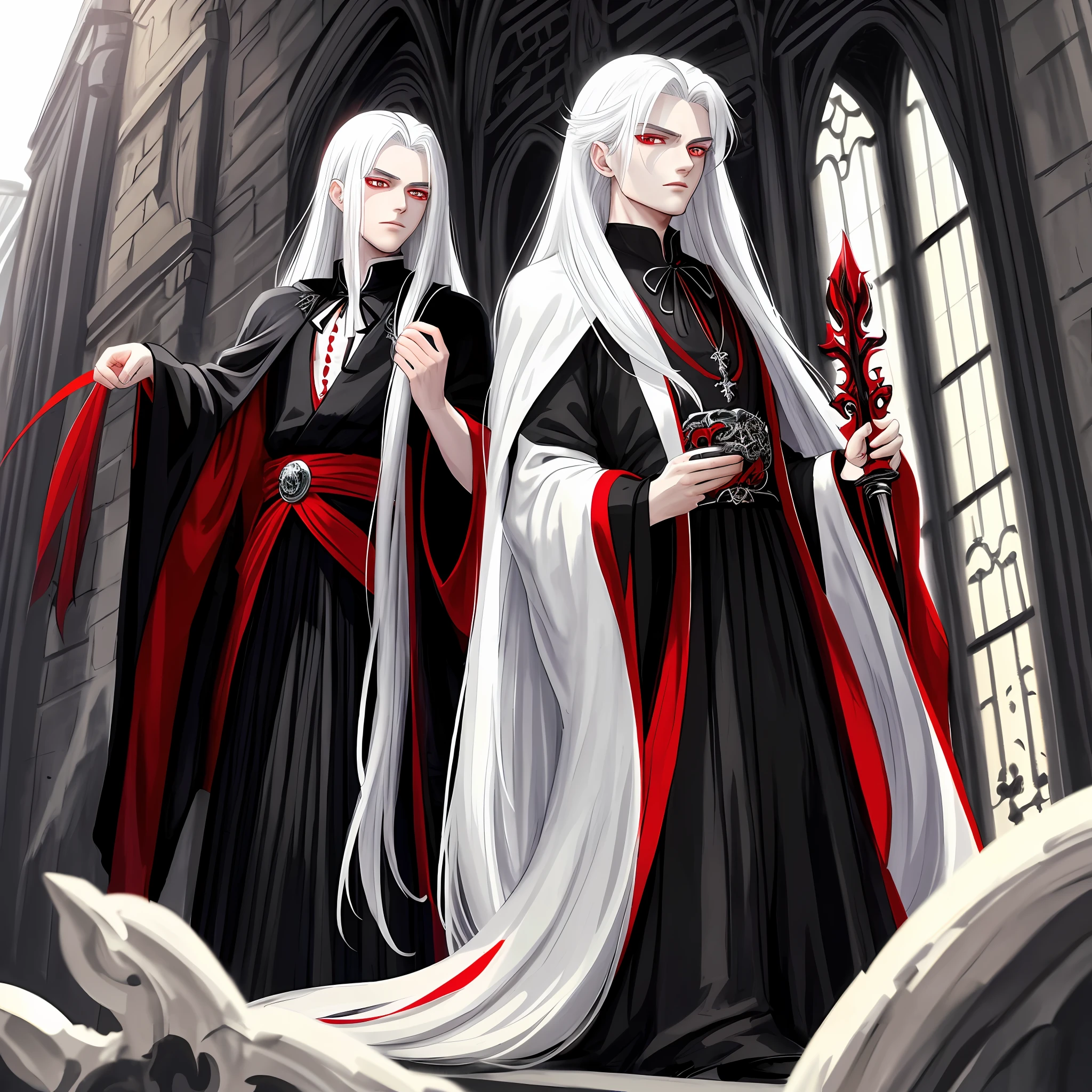 A beautiful young demon prince of darkness with his beautiful white hair and his beautiful red eyes, wearing a beautiful black robe, his face is very beautiful and perfect