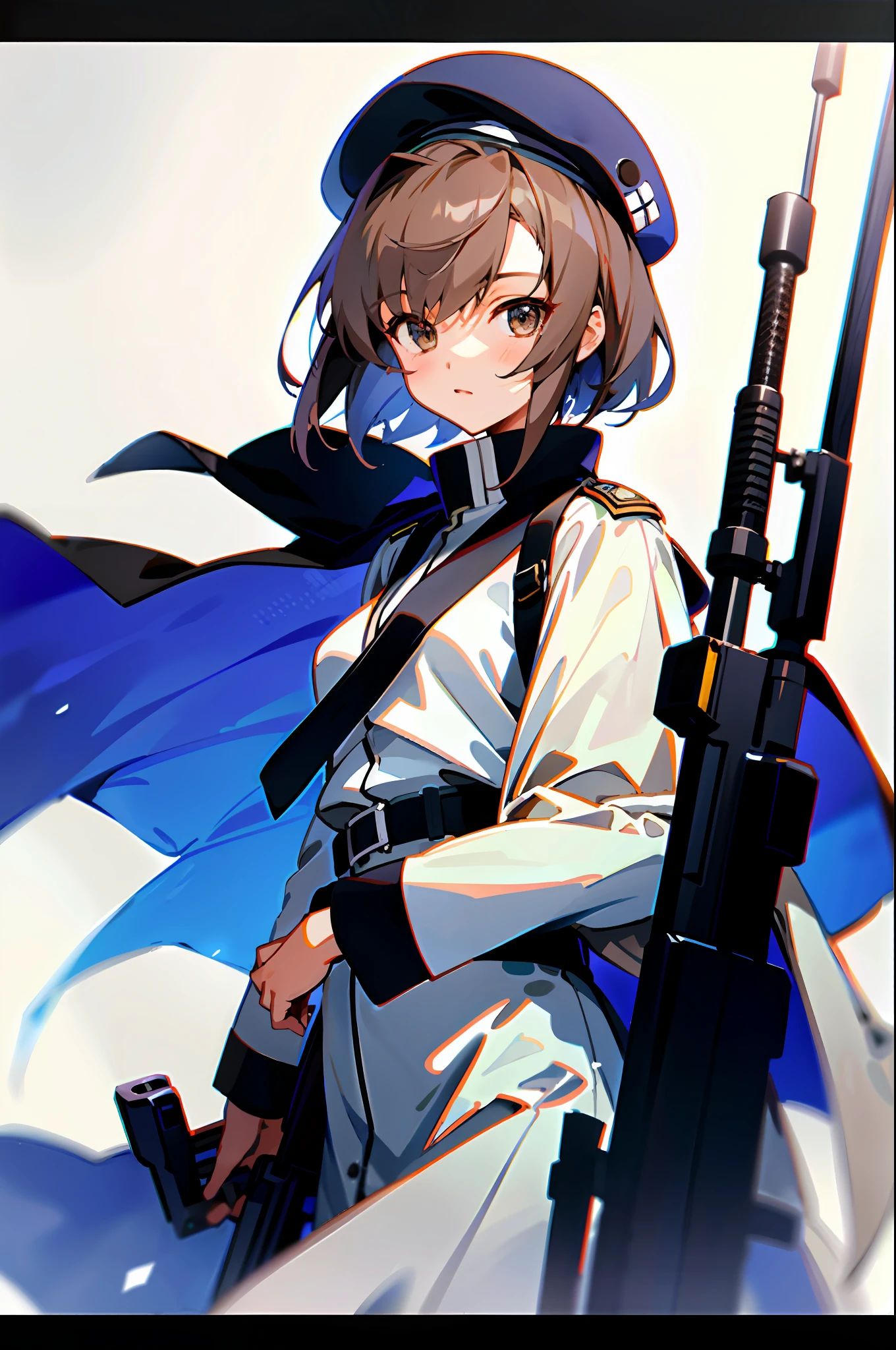 Military base, girl in the back, cute white military uniform beautiful girl, cape coat fluttering in the wind, flared skirt beautiful girl, anime character beautiful girl, Muv-Luv beautiful girl, 2.5d real quality beautiful girl, beautiful girl with beret, harness belt and sniper rifle. Dark brown medium short hair.