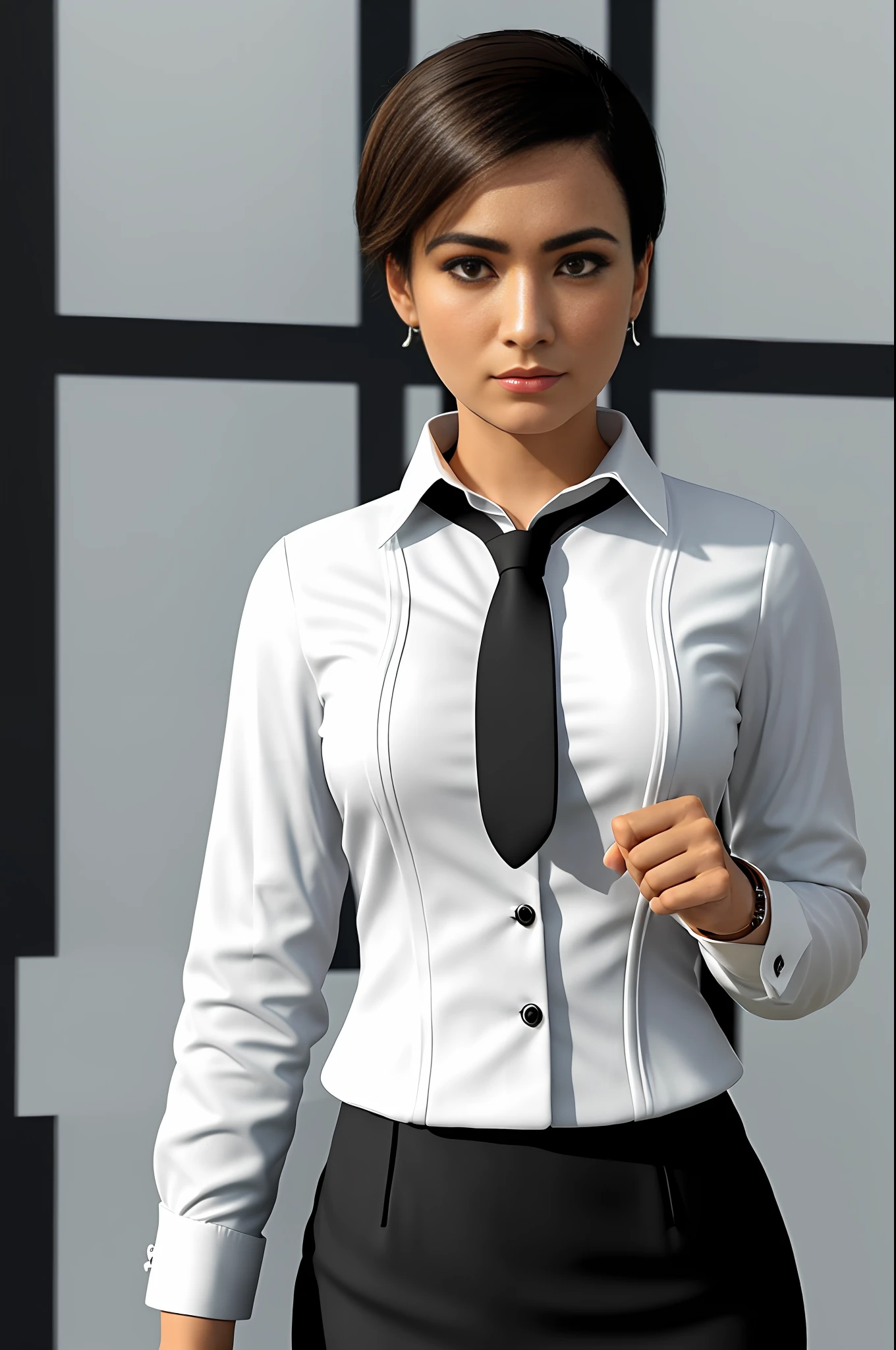 A Brazilian woman, (short hair: 0.5) wearing black dress pants, white dress shirt, tie, with cured arms, ((((serious business woman pose)))), inside the office, (four fingers and a thumb)(soft tones:1.25), (HDR:1.25), (artstation:1.2), dramatic, (intricate details:1.14), (hyperrealistic 3d render:1.16), (filmic:0.55), (rutkowski:1.1), (faded:1.3)
