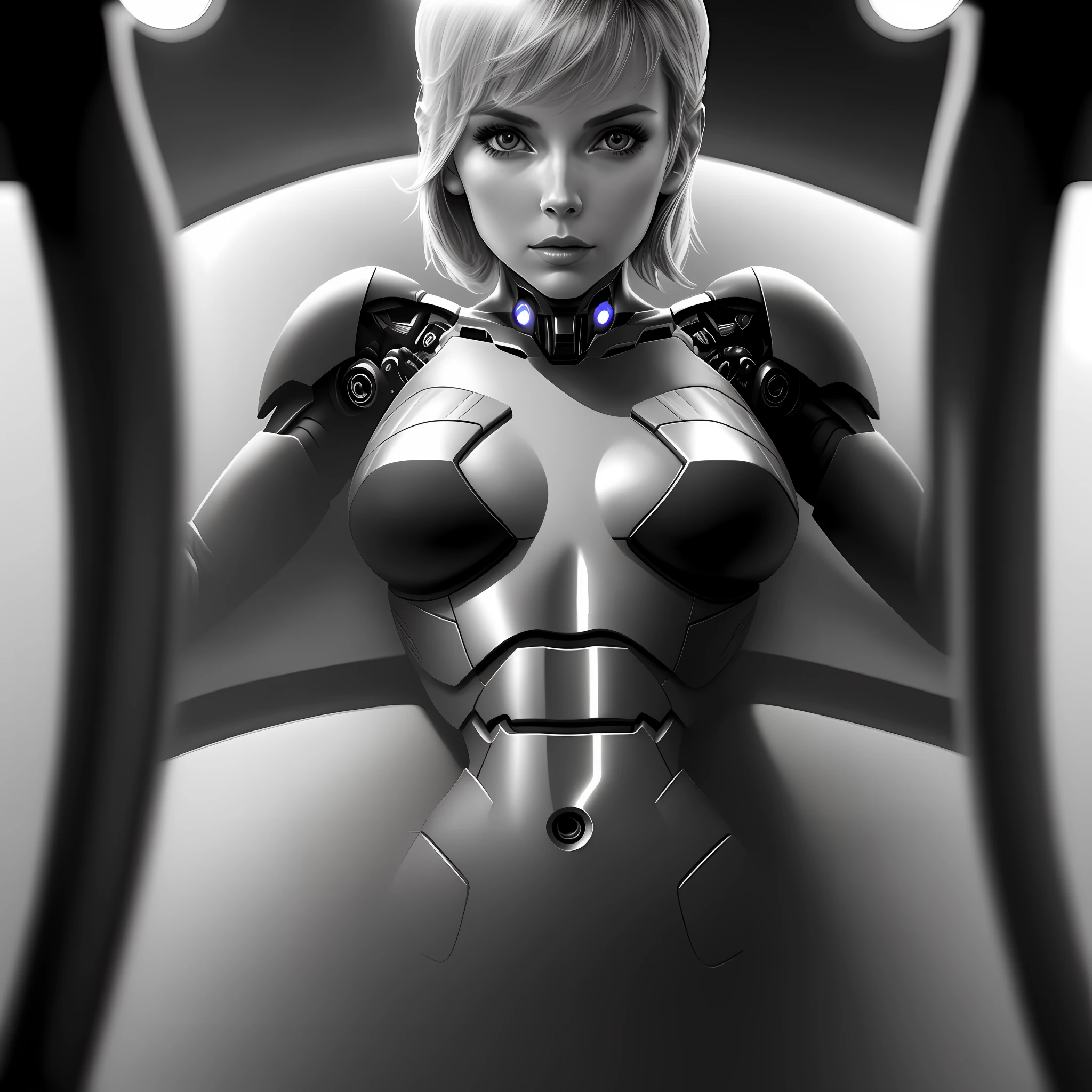"Actress Mary Elizabeth's sexy robotic body in cinematic close-up with dramatic lighting and stunning black and white depth-of-field effect."