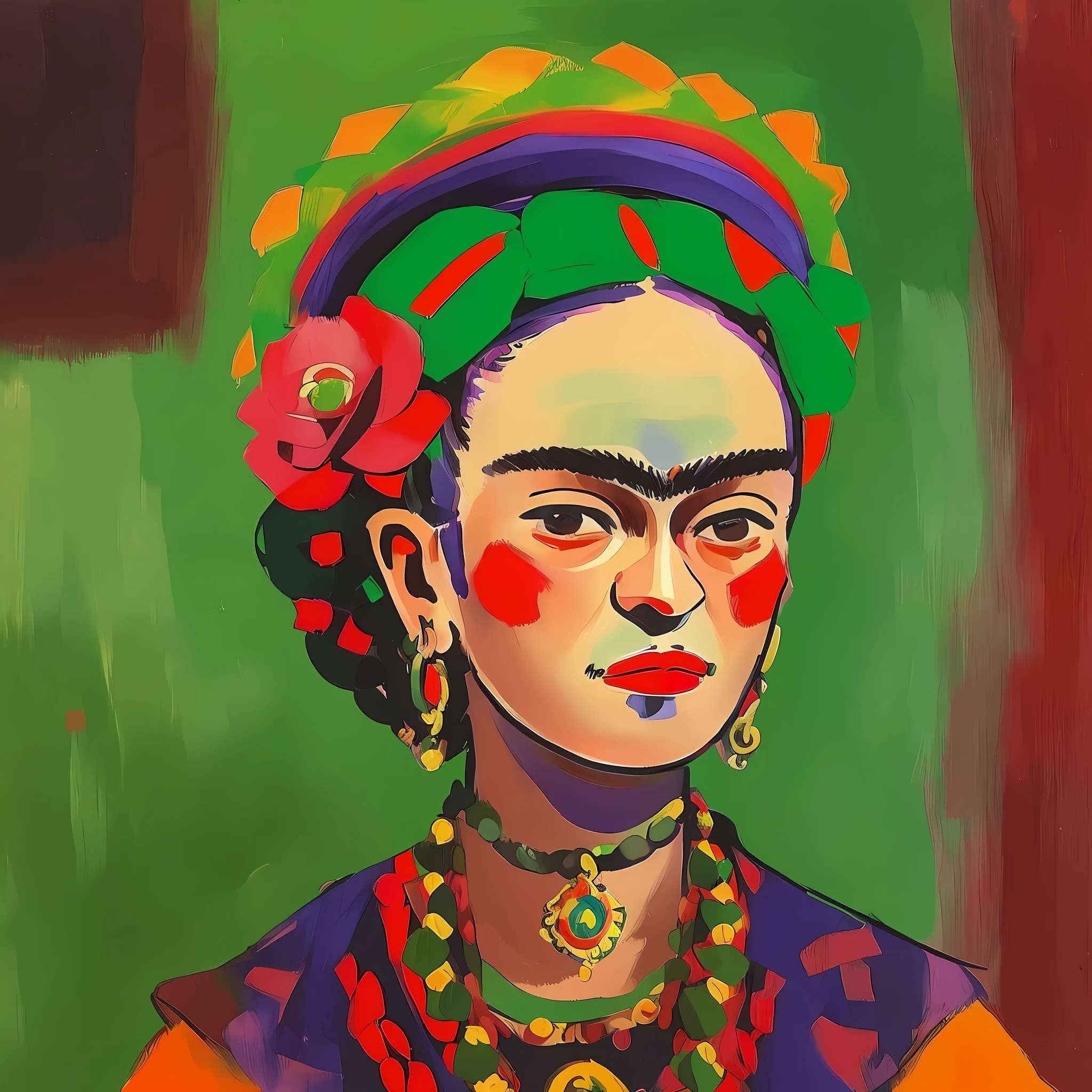 painting of a woman , (( Frida Kahlo )) with green face and red hat, German expressionism, by Karl Schmidt-Rottluff, inspired by Karl Schmidt-Rottluff, in Alexej von Jawlensky, in Moïse Kisling