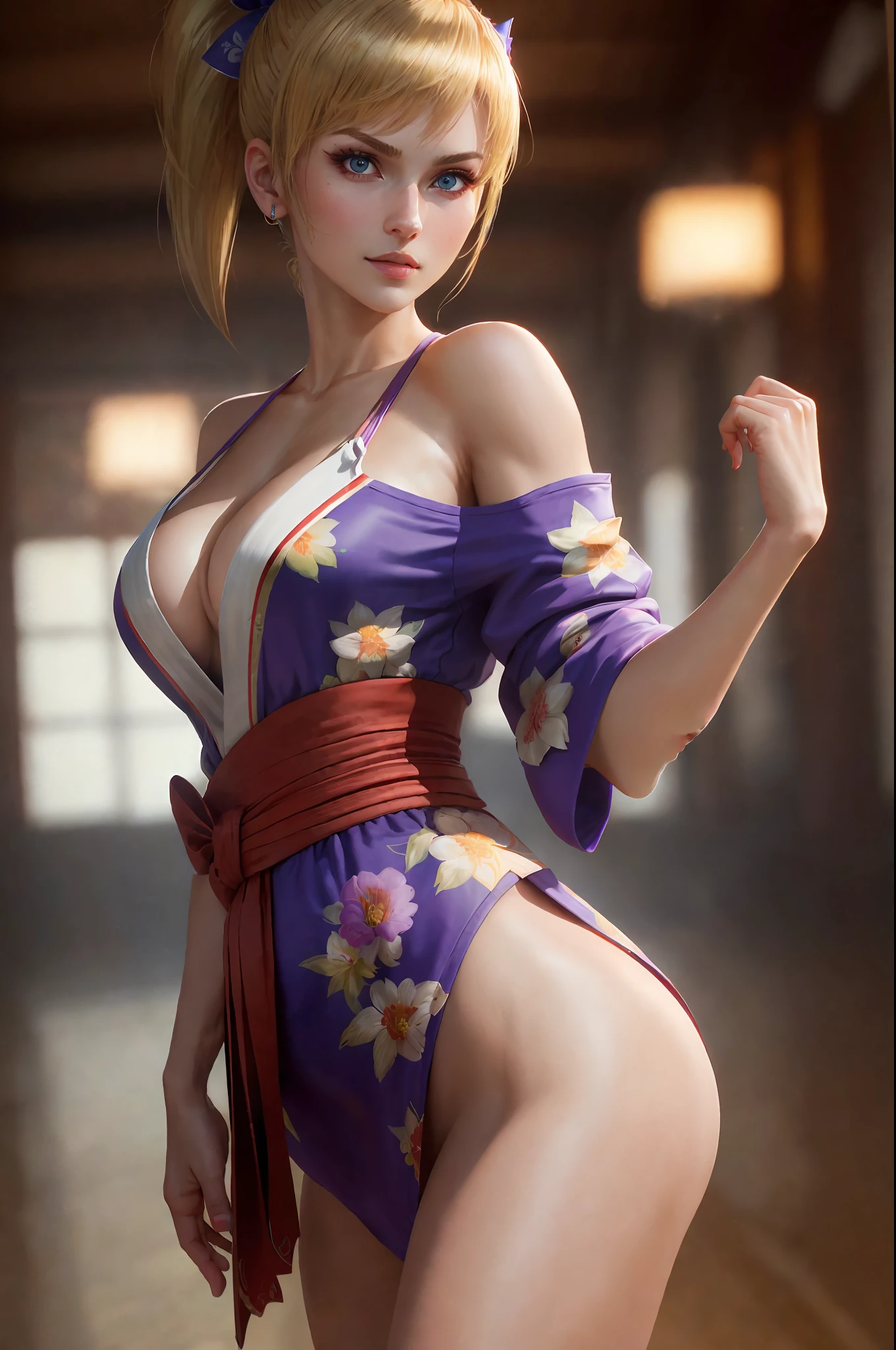 "(masterpiece, best quality, 8k, sharp focus, depth of field, best shadows, perfect lights, HDR, realistic skin texture, ultra-detailed and detailed background)", solo, 1woman, Lidia Sobieska (from tekken 8, blonde, short ponytail and hair bow, toned body) wearing a sexy yukata at a clubhouse