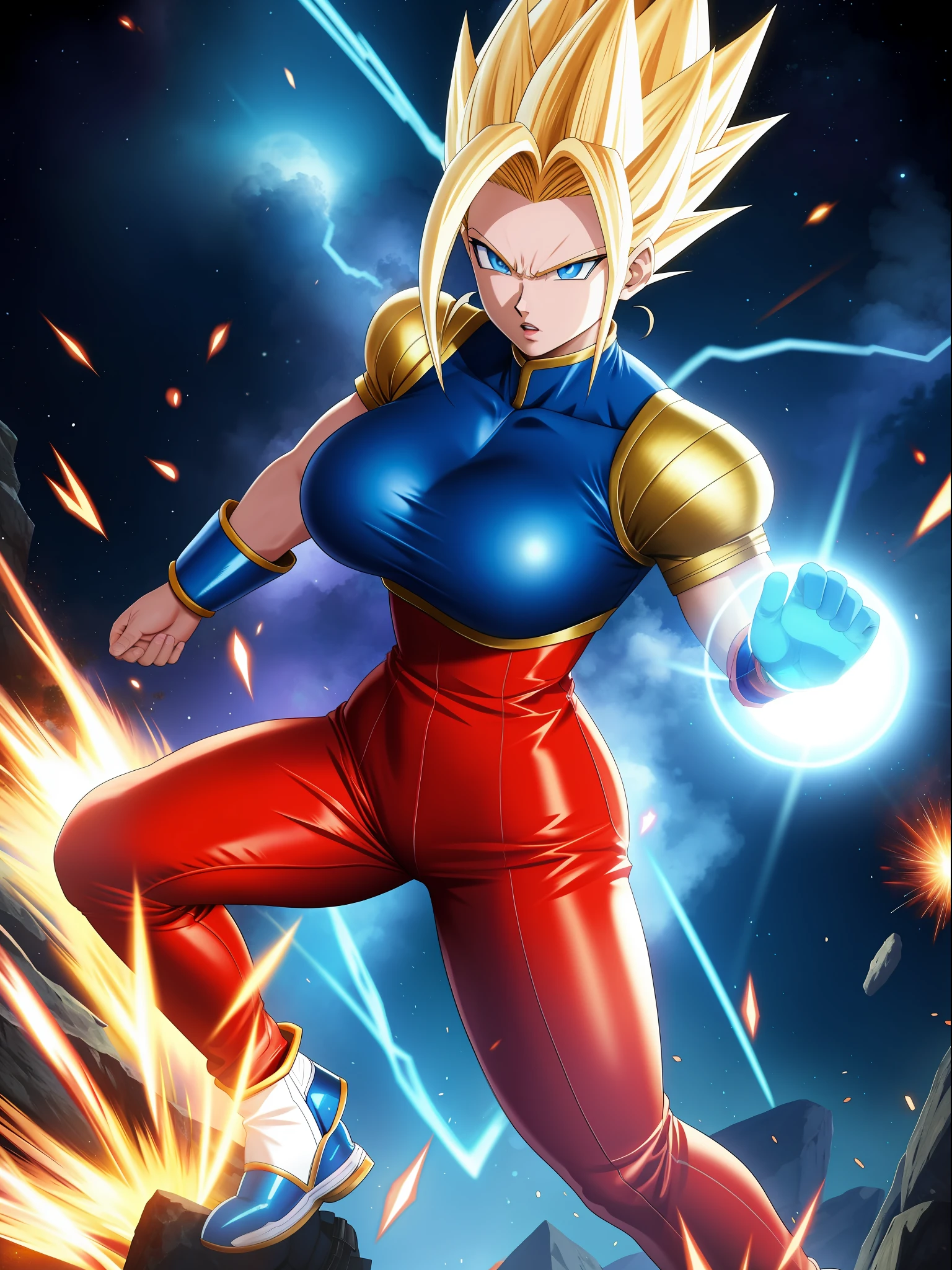 full body photo, Super Saiyan 2, Woman with Vegeta's costume, giant breasts, very tight clothes on the body, long spiky hair Blue, blue eyes, body covered in blue aura with strong emanation, in a fighting position, precise movement, fists upwards, facing the viewer, looking, hand closed, futuristic city with people in the background running away from the fight, vibrant colors, Ultra Instinct, anger vein, determined, evil, Masterpiece, high quality, 16k, UHD, anatomically correct, award winning, high details, masterpiece