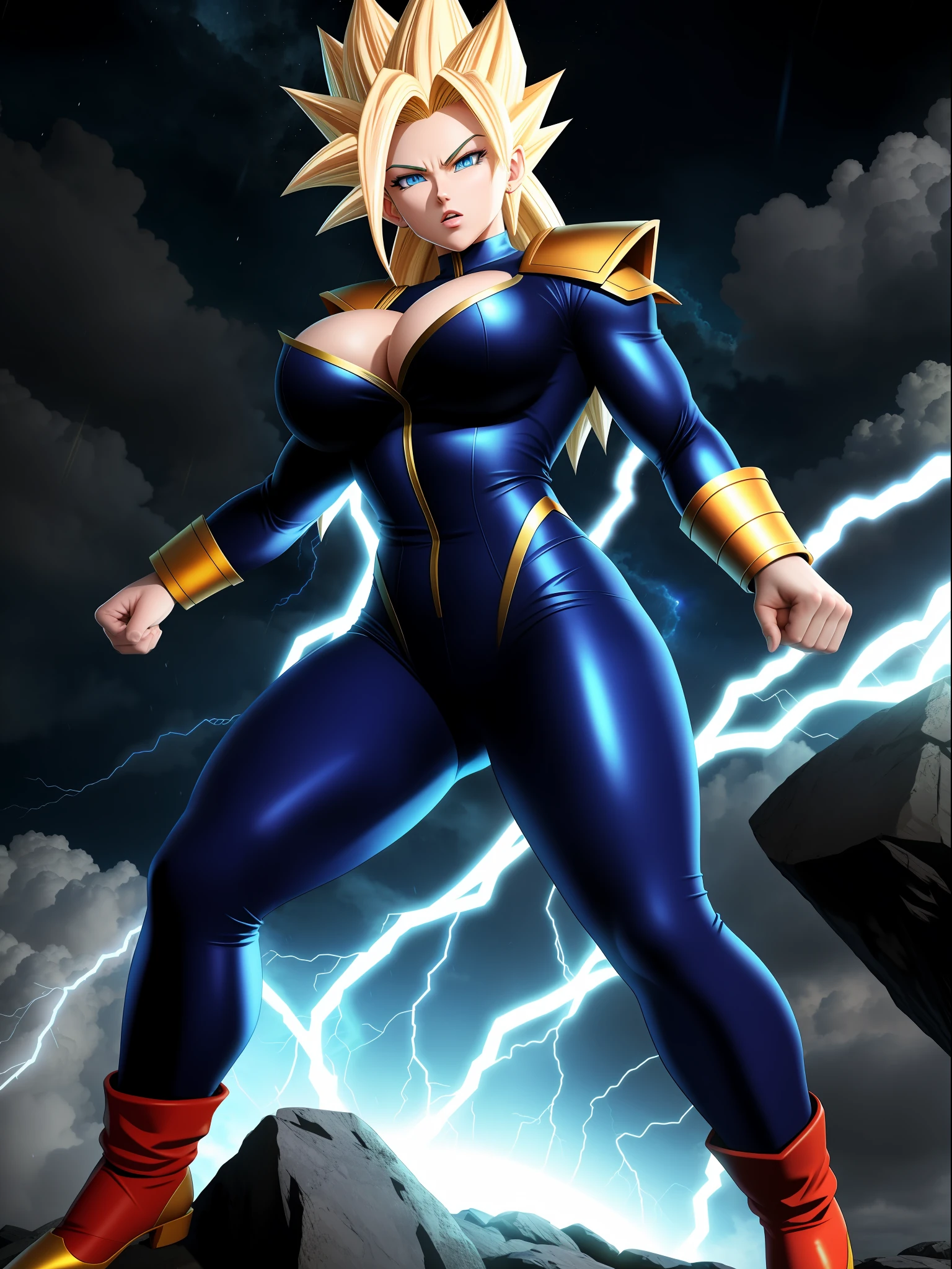 full body photo, Super Saiyan 2, Woman with Vegeta's costume, giant breasts, very tight clothes on the body, long spiky hair Blue, blue eyes, body covered in blue aura with strong emanation, in a fighting position, precise movement, fists up, facing the viewer, looking, hand closed, in the sky at night raining heavily with heavy clouds and strong thunder, vibrant colors, Ultra Instinct, anger vein, determined, evil, Masterpiece, high quality, 16k, UHD, anatomically correct, award winning, high details, masterpiece
