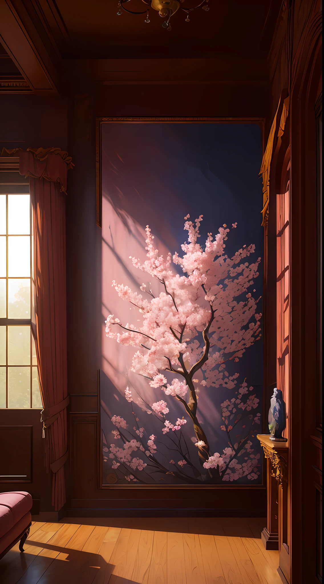 living room interior, one of the walls is decorated with hyper-realistic painting Flower of Casey Weldon, Olga Kwashi, Miho Hirano, hyper-detailed intricate art, popular on Artstation Triadic colors Detailed matte painting Unreal Engine 5, deep color, intricate details, splash screen, complementary colors, concept art, 8k resolution, deviantart gothic masterpiece, (darkshot: 0.9), art by Greg Rutkowski and Artgerm, soft cinematic light, Adobe Lightroom, Photolab, HDR, complex, highly detailed, pink cherry blossoms