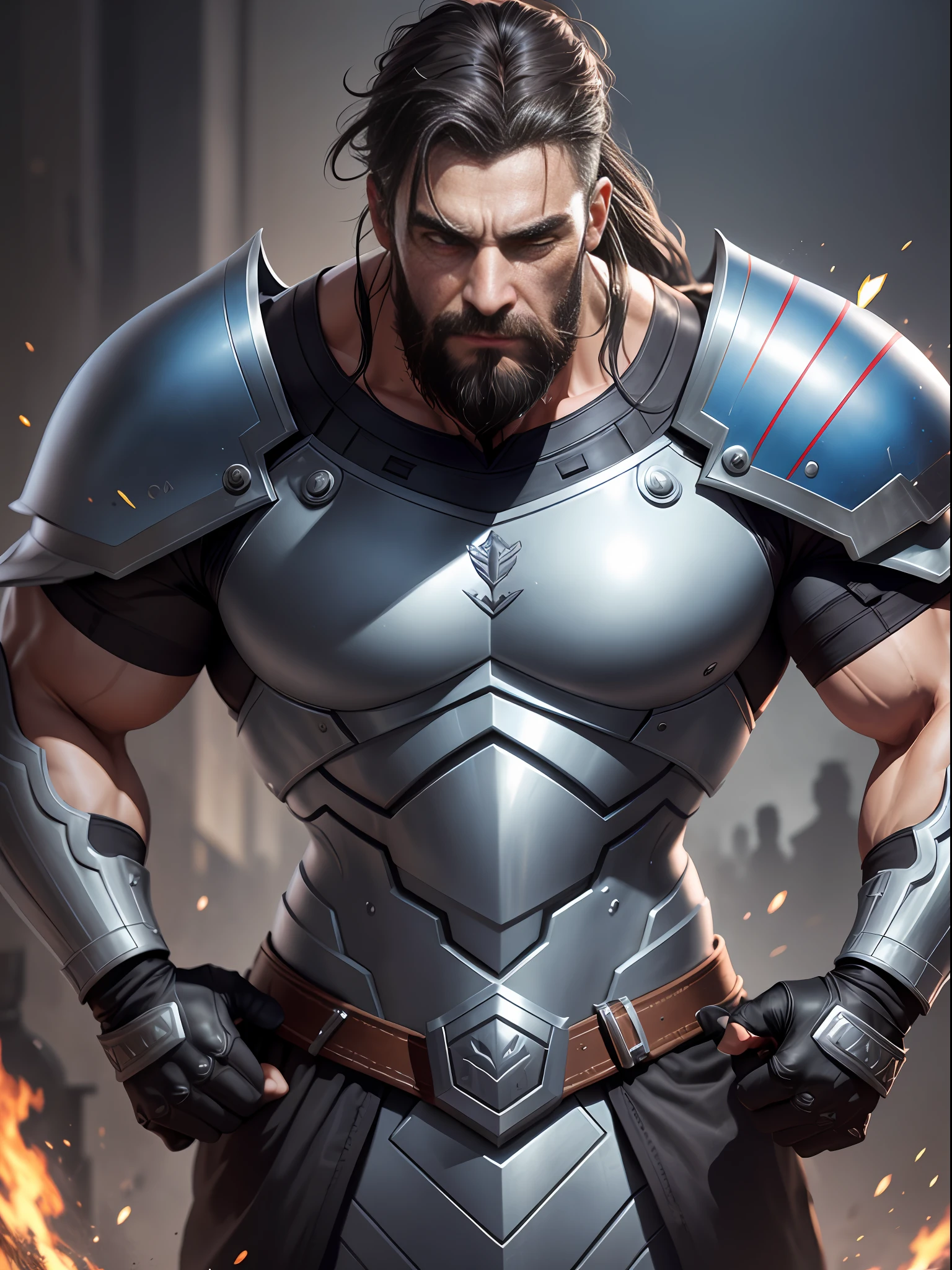 Alistair: Man 45 years, Imposing and athletic presence, Dark brown hair, short and well groomed, Penetrating and intense eyes, deep blue in color, Tight beard, well trimmed, which gives him a masculine air, Skin slightly tanned, with subtle marks of battle, Striking and expressive facial features, Muscular and athletic body, result of his training as a warrior, Robust clothing, with armor and accessories that denote your combat skill, Confident and determined posture, silver hair, black hair, high detail, modern, cinematic lighting, reflection light, motion blur, Hasselblad, diffraction spikes, Ultra-Wide Angle, multiple views, close-up, 360 view, UHD, masterpiece, anatomically correct, high quality, 1080P, 8k