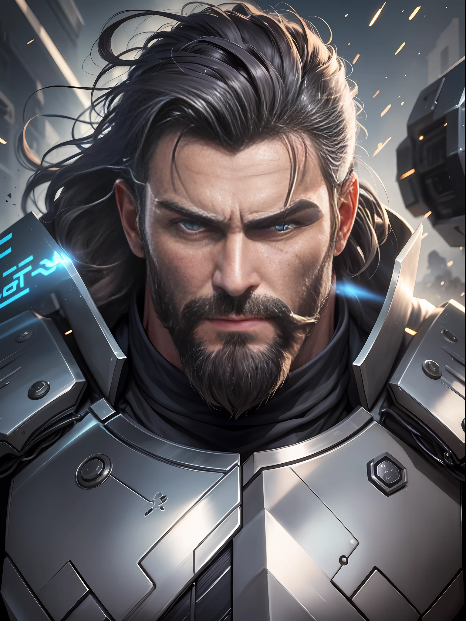 Alistair: Man 45 years, Imposing and athletic presence, Dark brown hair, short and well groomed, Penetrating and intense eyes, deep blue in color, Tight beard, well trimmed, which gives him a masculine air, Skin slightly tanned, with subtle marks of battle, Striking and expressive facial features, Muscular and athletic body, result of his training as a warrior, Robust clothing, with armor and accessories that denote your combat skill, Confident and determined posture, silver hair, black hair, high detail, modern, cinematic lighting, reflection light, motion blur, Hasselblad, diffraction spikes, Ultra-Wide Angle, multiple views, close-up, 360 view, UHD, masterpiece, anatomically correct, high quality, 1080P, 8k