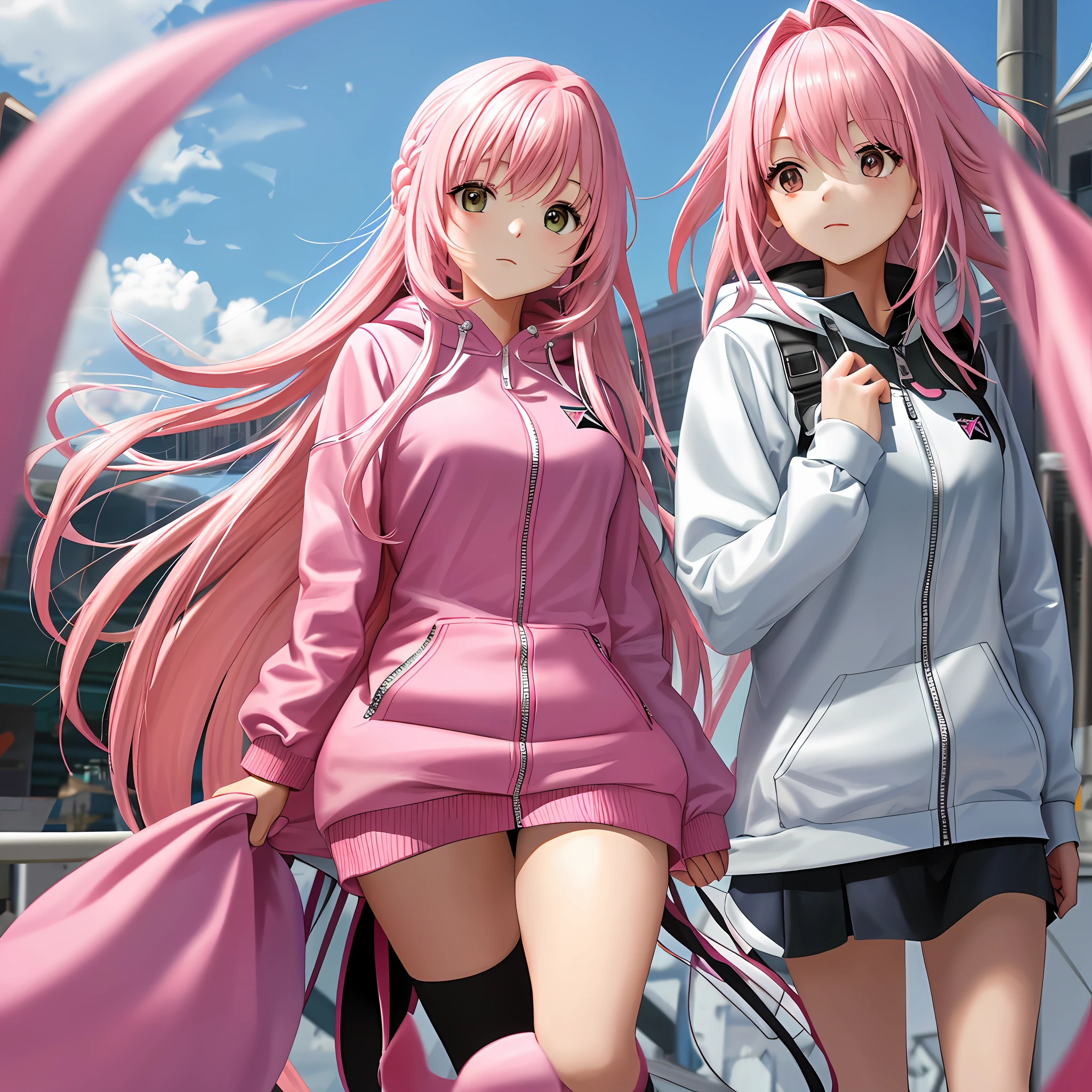 Pink Zipper Hoodie Pink Hair Big Tits Long Hair Best Quality High Resolution 8K Uniform