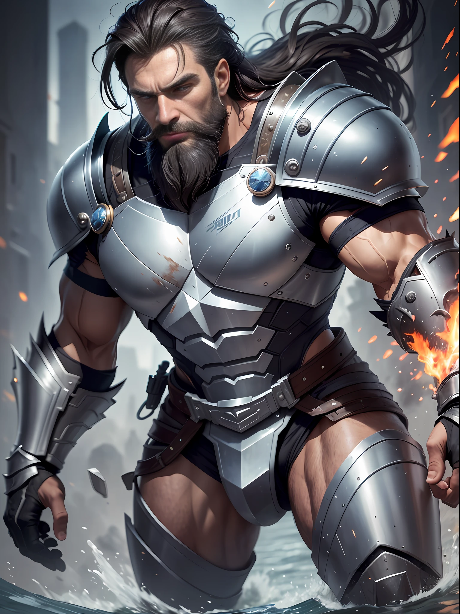 Alistair: Man 45 years, Imposing and athletic presence, Dark brown hair, short and well groomed, Penetrating and intense eyes, deep blue in color, Tight beard, well trimmed, which gives him a masculine air, Skin slightly tanned, with subtle marks of battle, Striking and expressive facial features, Muscular and athletic body, result of his training as a warrior, Robust clothing, with armor and accessories that denote your combat skill, Confident and determined posture, silver hair, black hair, high detail, modern, cinematic lighting, reflection light, motion blur, Hasselblad, diffraction spikes, Ultra-Wide Angle, multiple views, close-up, 360 view, UHD, masterpiece, anatomically correct, high quality, 1080P, 8k