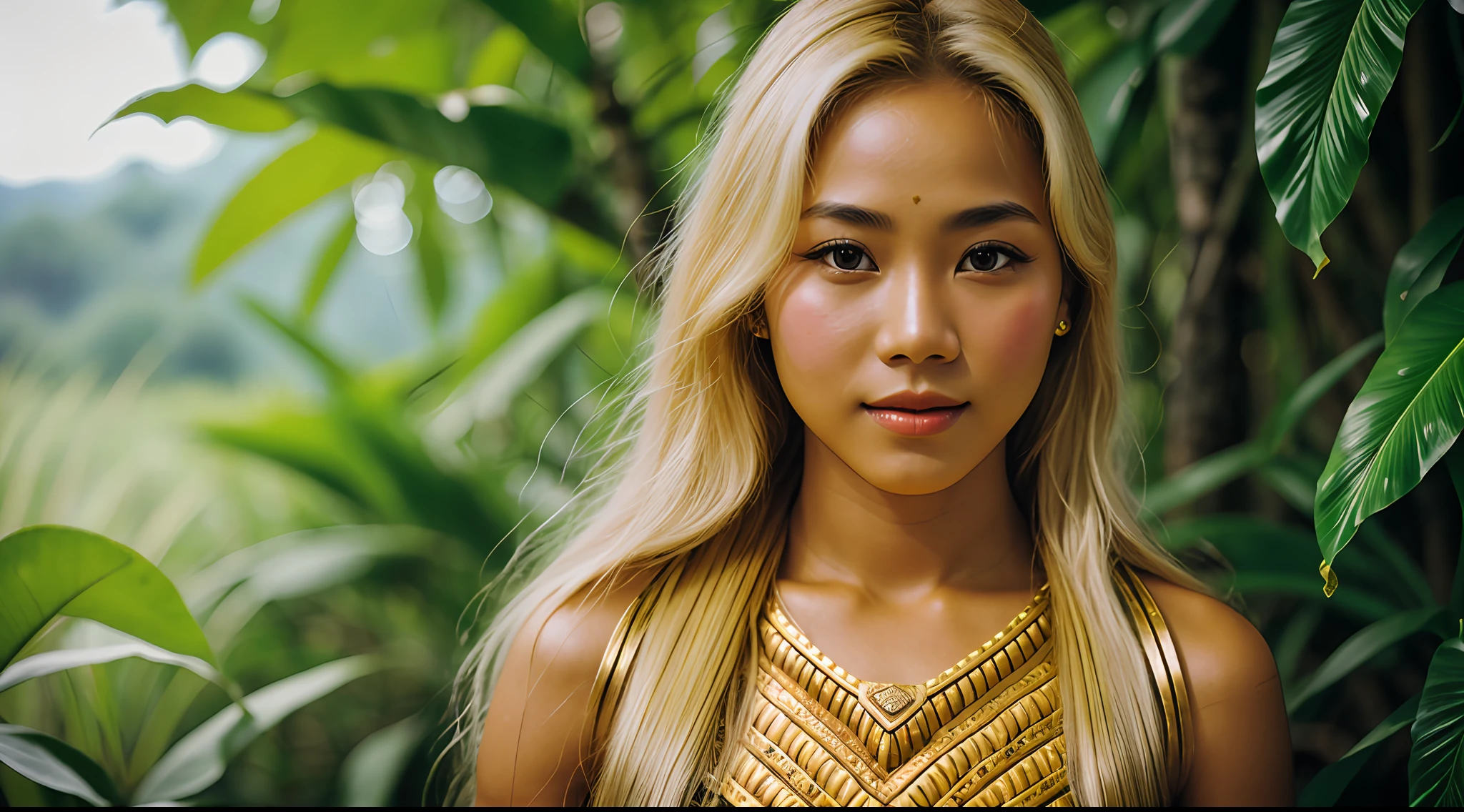 young beautiful Thai woman, blond hair, amazon warrior in the jungle, masterpiece, best quality, ultra-detailed, solo, outdoors, cheerful, happy, (look at viewer:1.2) (skin texture) (film grain:1.3)