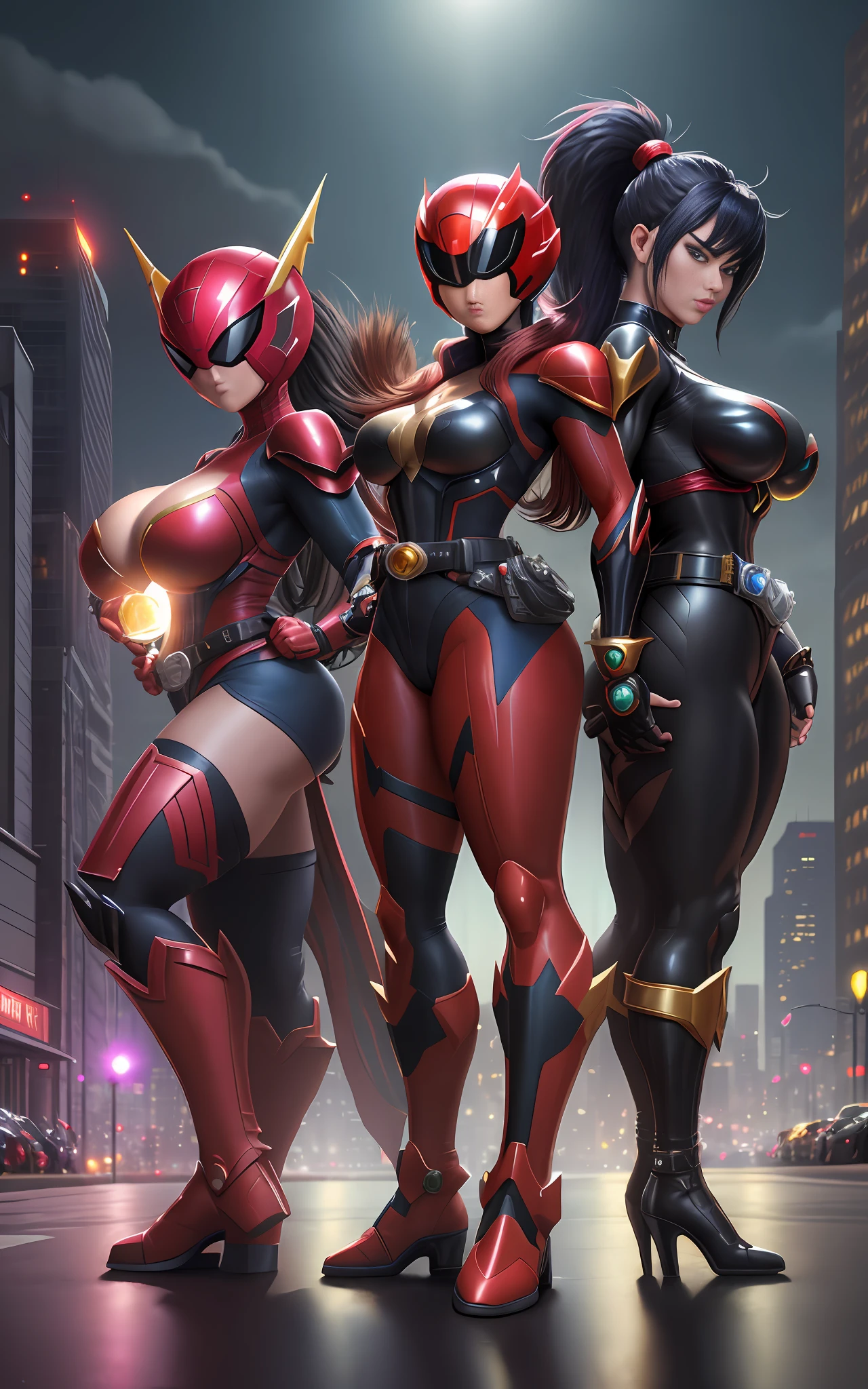Max Resolution/quality/sharpness, Unreal Engine 5/Power Rangers/Tokusatsu/Mortal Kombat/Super Metroid, Cartoon/Disney/Dragon ball/Style,1/Woman/big breasts1/helmet/belt/Mega Man-X/Kamen Rider/Spiderman,mohawk long hair, looking at viewer, pose, City at night shower strongly.