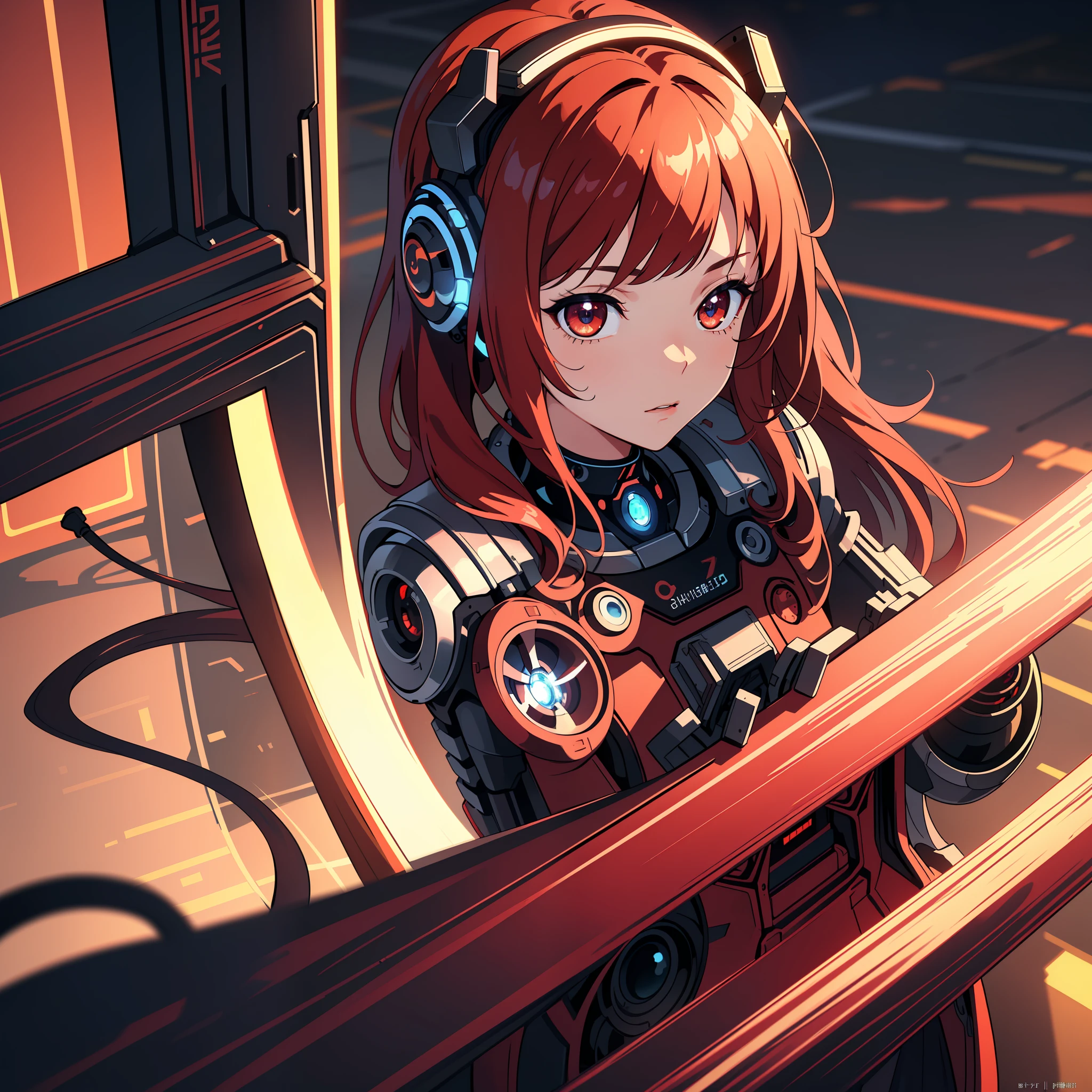 (masterpiece:1.2, best quality), (extremely detailed CG unity 8k wallpaper, best shadow), ultra-detailed, (finely detailed beautiful eyes: 1.2), (1 girl), ((cyborg, high-tech)), (long crimson hair:1.2), anime, Futurism, masterpiece, best quality, high details, 4K