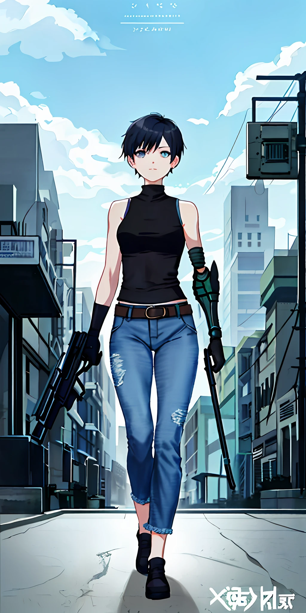 Poster, beautiful girl dressed in a sleeveless sulfur tank top and blue jeans with short black hair and blue eyes, left prosthetic arm, noir colors, minimalist city in the background