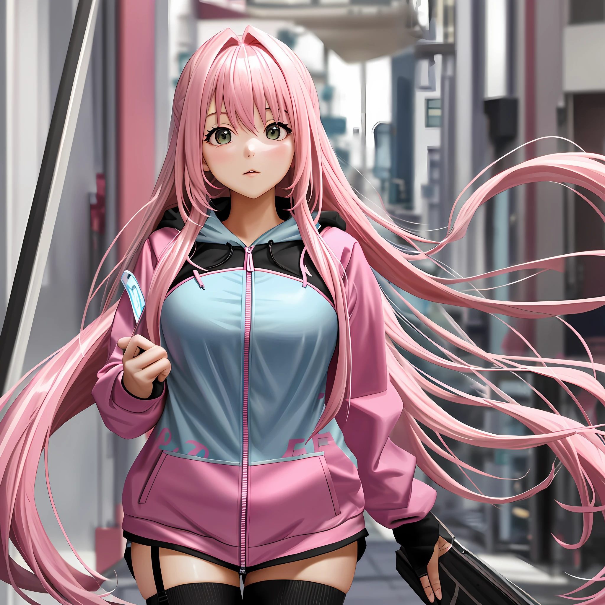 Pink Zipper Hoodie Pink Hair Big Tits Long Hair Best Quality High Resolution 8K Uniform