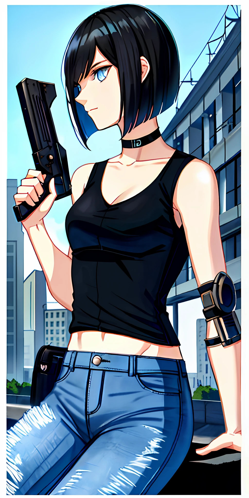 Poster, beautiful girl dressed in a sleeveless sulfur T-shirt and blue jeans with short black hair, bob haircut and blue eyes, left prosthetic arm, noir colors, minimalist city in the background