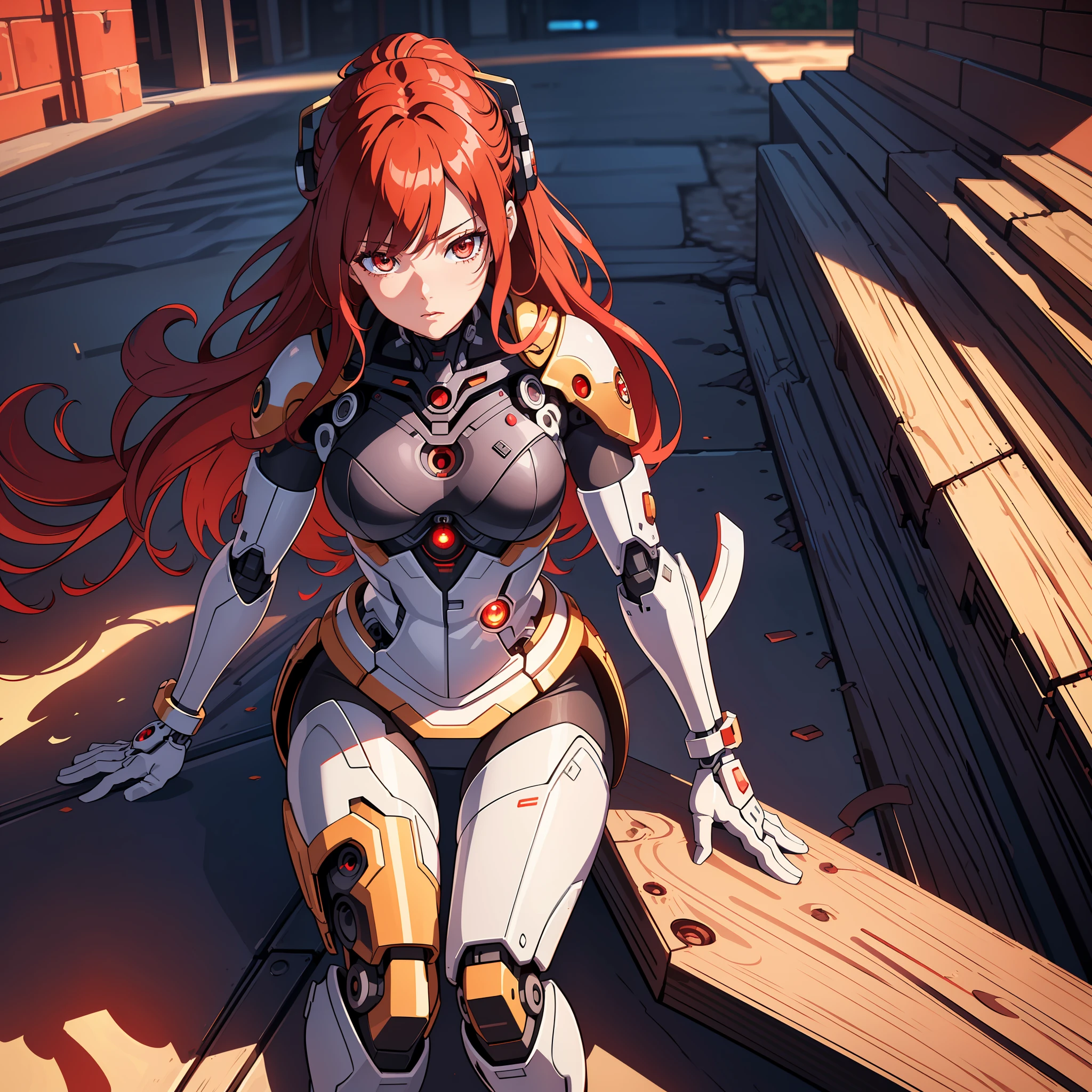 (masterpiece:1.2, best quality), (extremely detailed CG unity 8k wallpaper, best shadow), ultra-detailed, (finely detailed beautiful eyes: 1.2), (1 girl), ((cyborg, high-tech)), (long crimson hair:1.2), anime, Futurism, masterpiece, best quality, high details, 4K