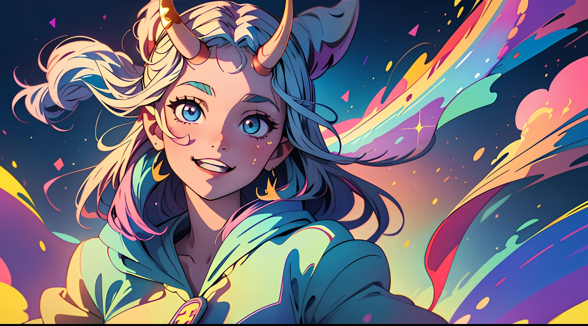 ((1 girl, cute face, one horn on forehead floating)) blue sky with a visible rainbow, clouds, glitter accessory, perfect, masterpiece, soft expression, smile, sparkly eyes, detailed oriented, mystical, ((full body)), cowboy shot, cinematic, authentic anime, official, movie quality, {headshot, bust up}