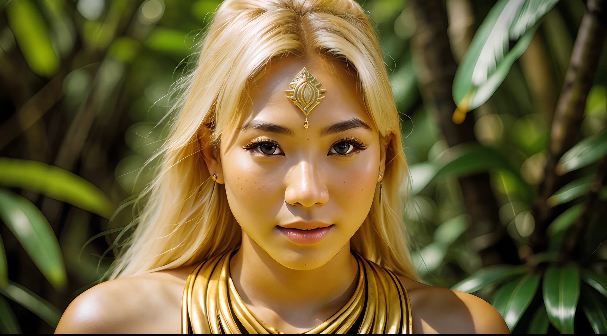 young beautiful Thai woman, blond hair, amazon warrior in the jungle wearing leather, masterpiece, best quality, ultra-detailed, solo, outdoors, cheerful, happy, (look at viewer:1.2) (skin texture) (film grain:1.3)