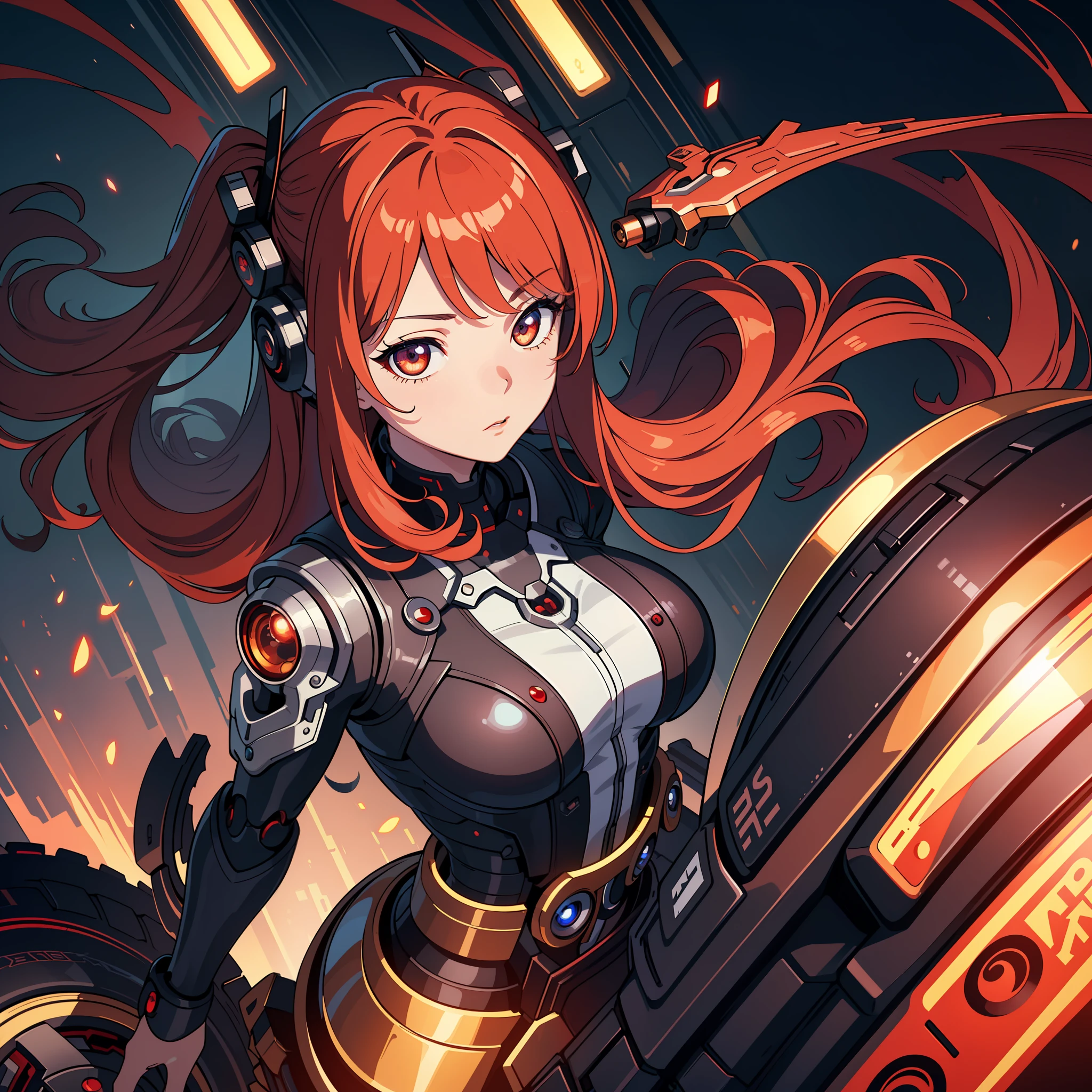 (masterpiece:1.2, best quality), (extremely detailed CG unity 8k wallpaper, best shadow), ultra-detailed, (finely detailed beautiful eyes: 1.2), (1 girl), ((cyborg, high-tech)), (long crimson hair:1.2), anime, Futurism, masterpiece, best quality, high details, 4K