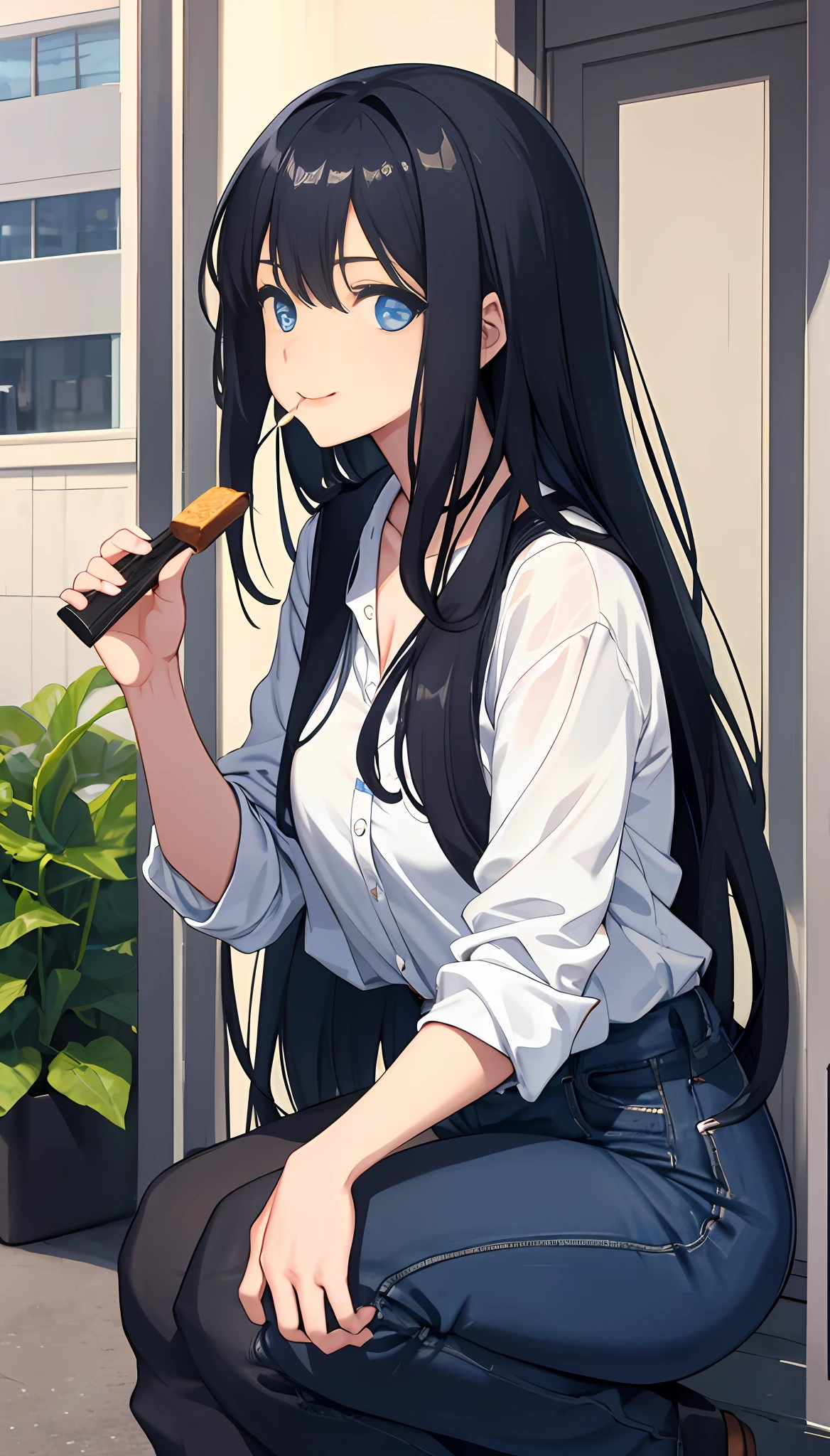 Girl with long black hair and half bluish, eating, happy, dark blue eyes.