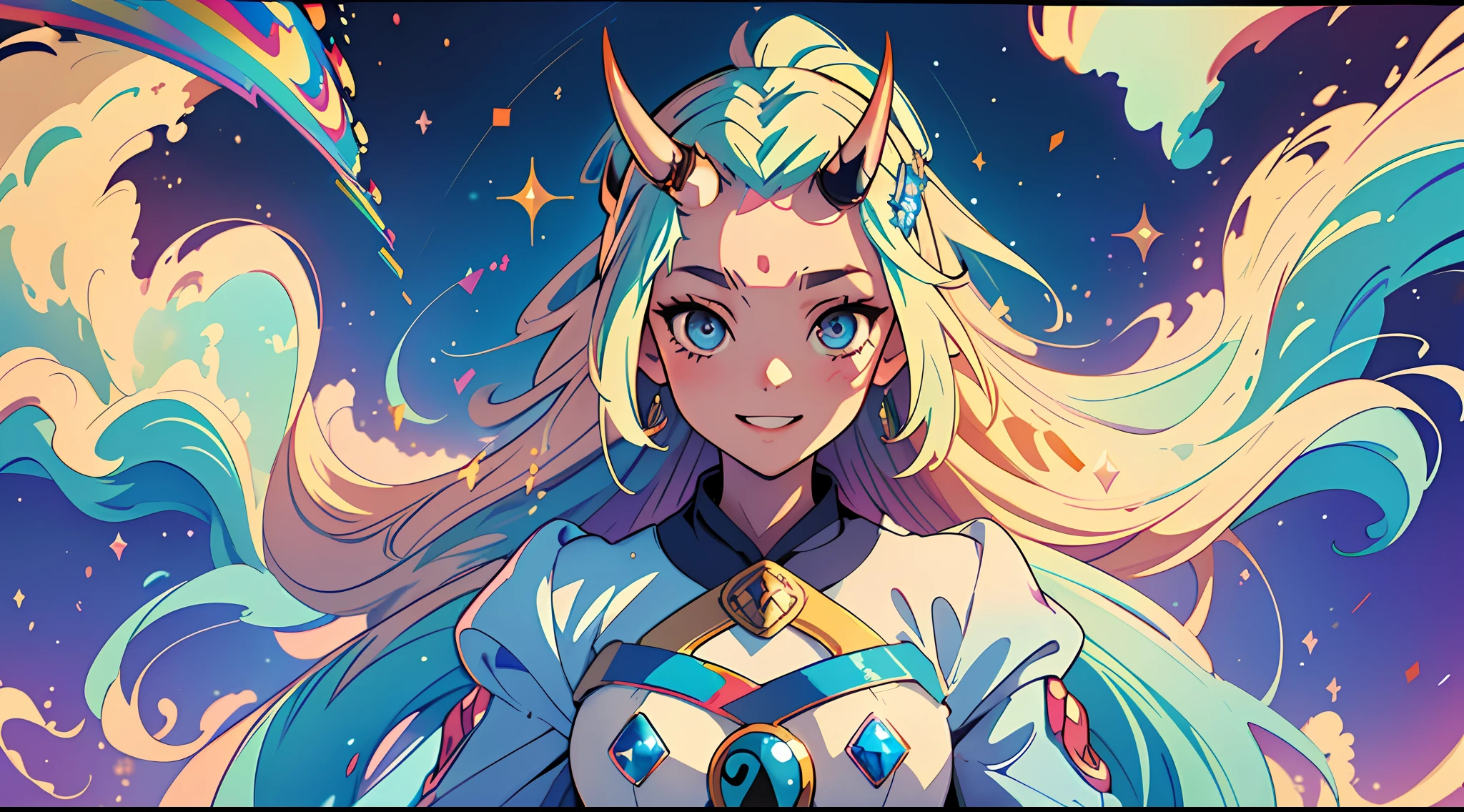 ((1 girl, cute face, one horn on forehead floating)) blue sky with a visible rainbow, clouds, glitter accessory, perfect, masterpiece, soft expression, smile, sparkly eyes, detailed oriented, mystical, ((full body)), cowboy shot, cinematic, authentic anime, official, movie quality, {headshot, bust up}