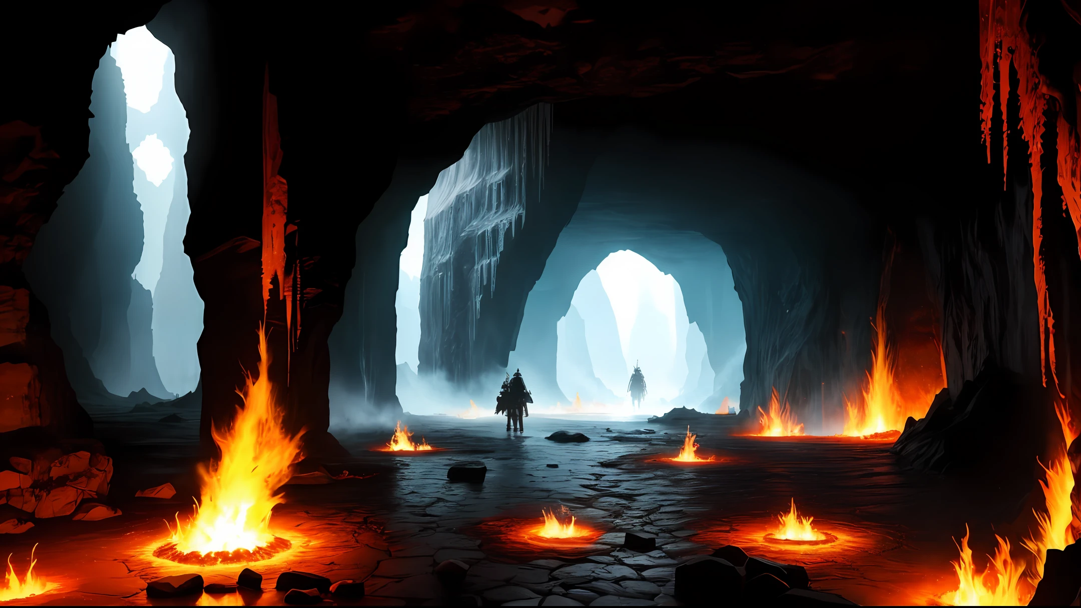 A masterpiece, ulta wide cinematic scene, ultra high detailed details,hyper realistic art style, A dark deep (hellish) place, deep under the ground in a gigantic dark underground cave where no sunlight reaching the ground, the only light in this cave comes from the fires and the lava that creeps along in great streams and lakes and lava falls, there stands a giant black gate composed of old brittle heretical table obsidian surrounded by many rubble and stalactites and stalagmites, a narrow path surrounded by chasms leads up to the hell's gate, the lost human souls cast into hell follow the path through the gate, Cerberus the giant three headed hell's dog is watching over the path and the lost souls on it while he's sitting beside the gate, show the whole scene from the ceiling of the cave down further and further down into the abysses and heretical table of hell, the only light came from the fires and the lava that creeps along in great streams and lakes and lava falls,