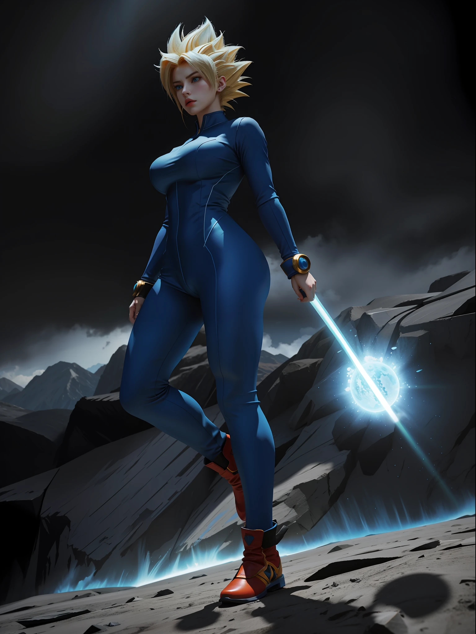 full body photo, Super Saiyan 2, Woman with Vegeta's costume, giant breasts, clothes very tight on the body, long spiky hair Blue, blue eyes, body covered in blue aura with strong emanation, in a fighting position, fists up, facing the viewer, looking, closed hand, futuristic city with people in the background fleeing the fight, vibrant colors, illuminating effect on the character, Superior Instinct, anger vein, determined, evil, Masterpiece, high quality, 16k, UHD, anatomically correct, award winning, high details, masterpiece