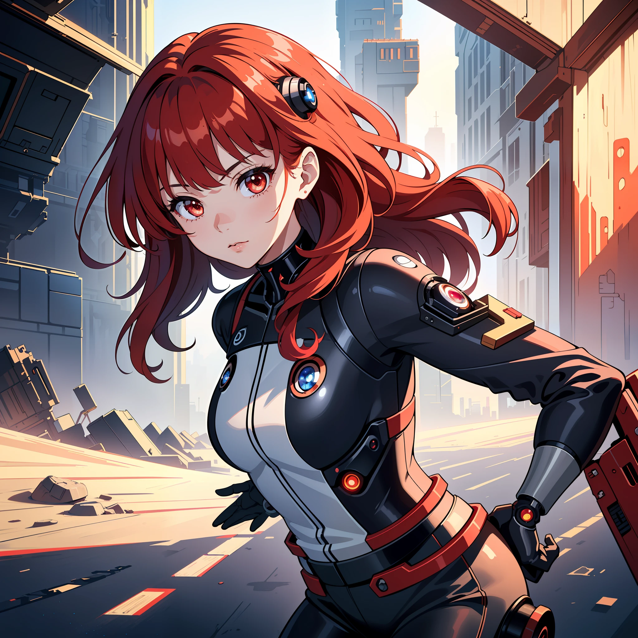 (masterpiece:1.2, best quality), (extremely detailed CG unity 8k wallpaper, best shadow), ultra-detailed, (finely detailed beautiful eyes: 1.2), (1 girl), ((cyborg, high-tech)), (long crimson hair:1.2), anime, Futurism, masterpiece, best quality, high details, 4K