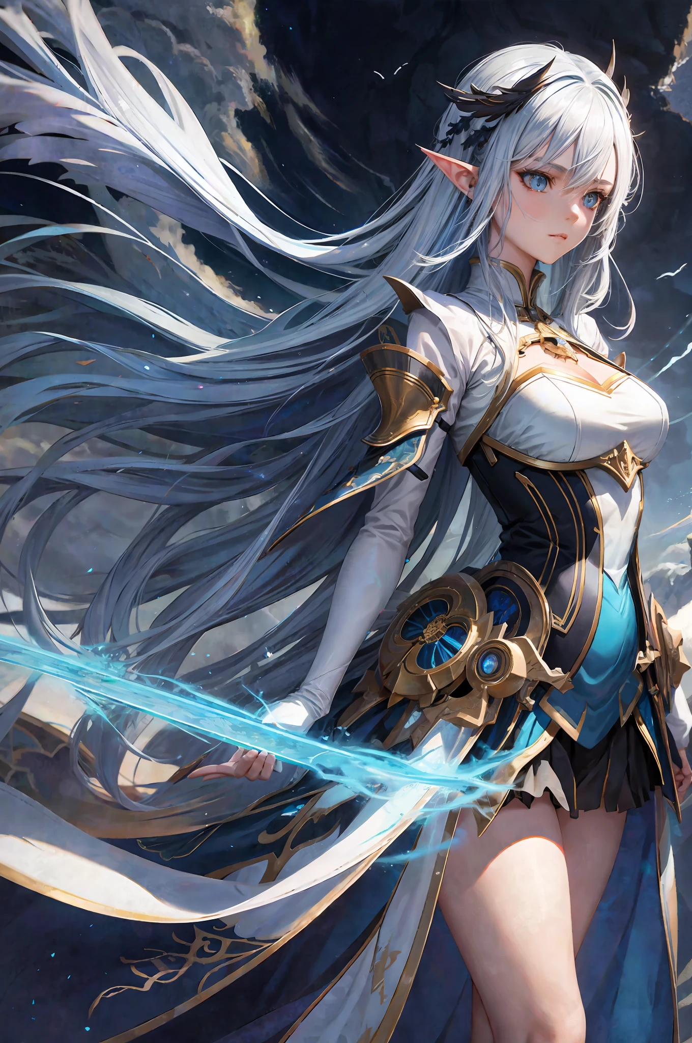 1air elemental girl, beautiful detailed face, light blue skin, long flowing white hair, pointed ears, wings on the back, wearing a flowing dress made of clouds, standing on top of a cliff overlooking the world, arms outstretched towards the sky, invoking a fierce storm, lightning crackling in the background, highly detailed exquisite fanart, Guweiz in ArtStation Pixiv, Guweiz in Pixiv ArtStation, trend in ArtStation Pixiv, portrait Knights of Zodiac Girl, detailed digital anime art, anime fantasy illustration, digital anime art, digital anime illustration, anime style illustration, perfect eyes, realistic eyes, beautiful eyes, perfect anatomy
