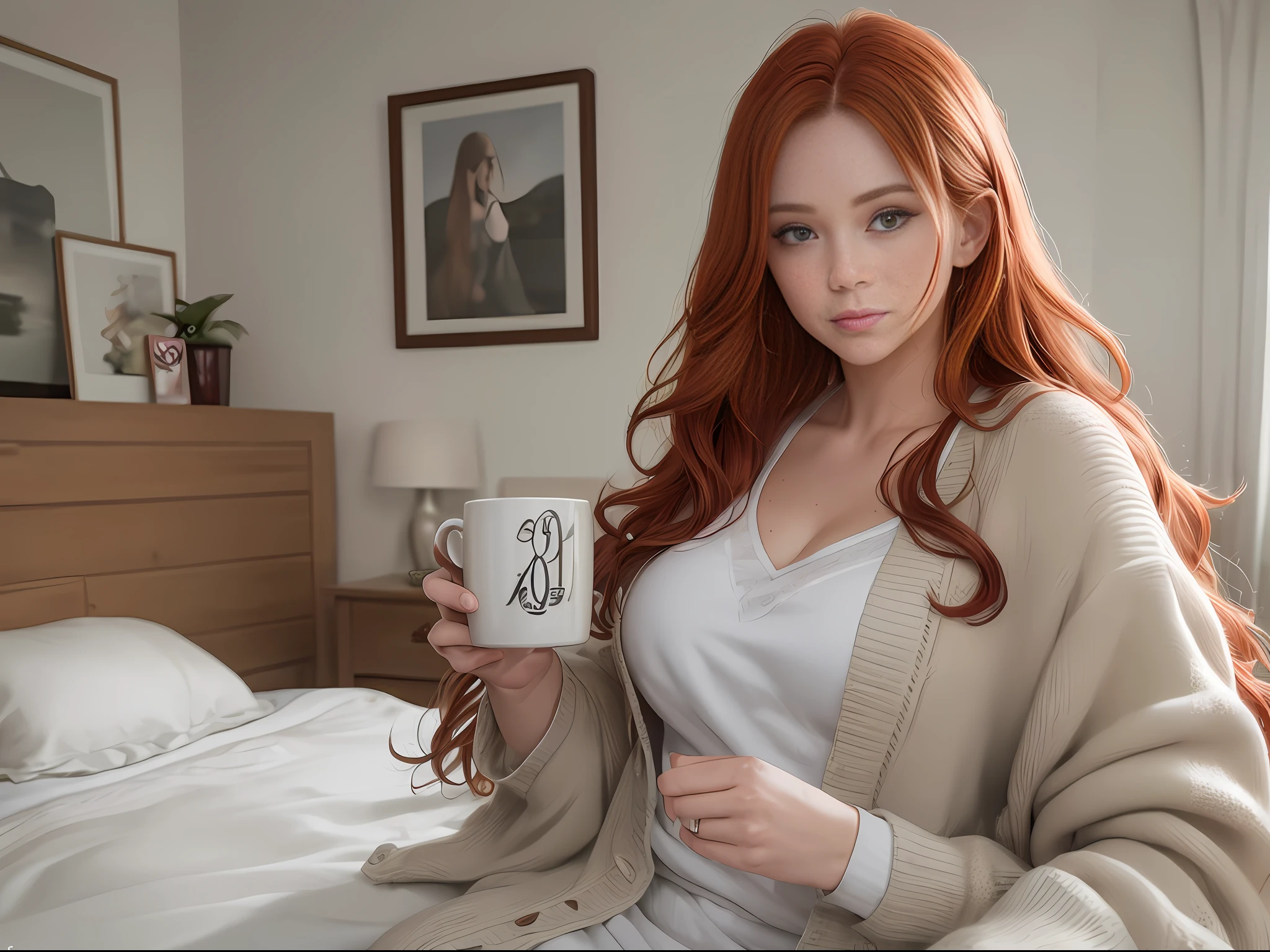 A super realistic photograph of a 30-year-old redhead, long curly hair, dressed for bed, wearing a white linen cardigan, holding a stylish custom coffee mug with artwork. High resolution image, riches of detail, 8K, realistic style
