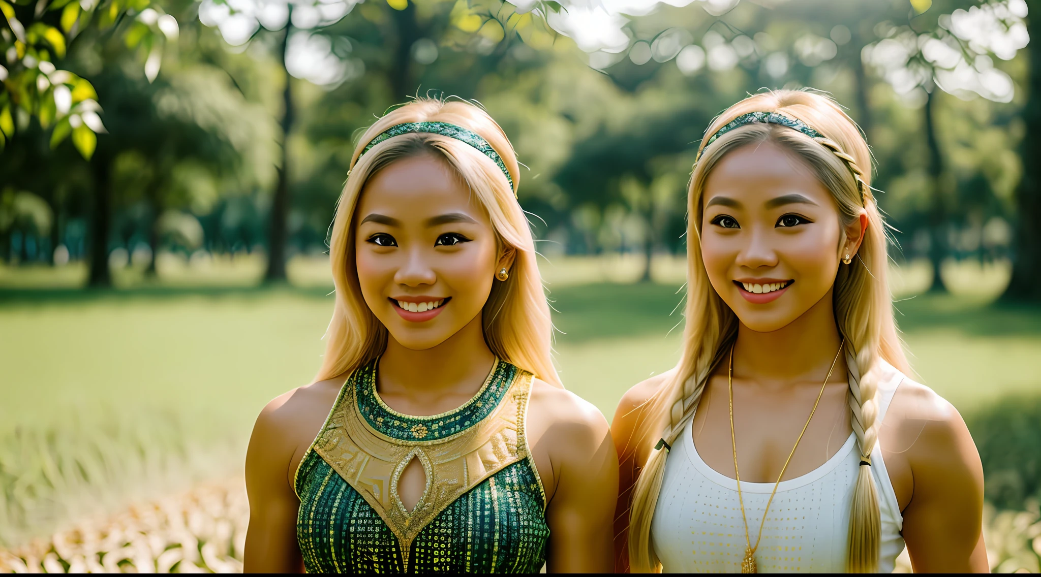young beautiful Thai woman, blond hair, bodybuilder physique, wearing headband, in the park, masterpiece, best quality, ultra-detailed, solo, outdoors, cheerful, happy, (look at viewer:1.2) (skin texture) (film grain:1.3)