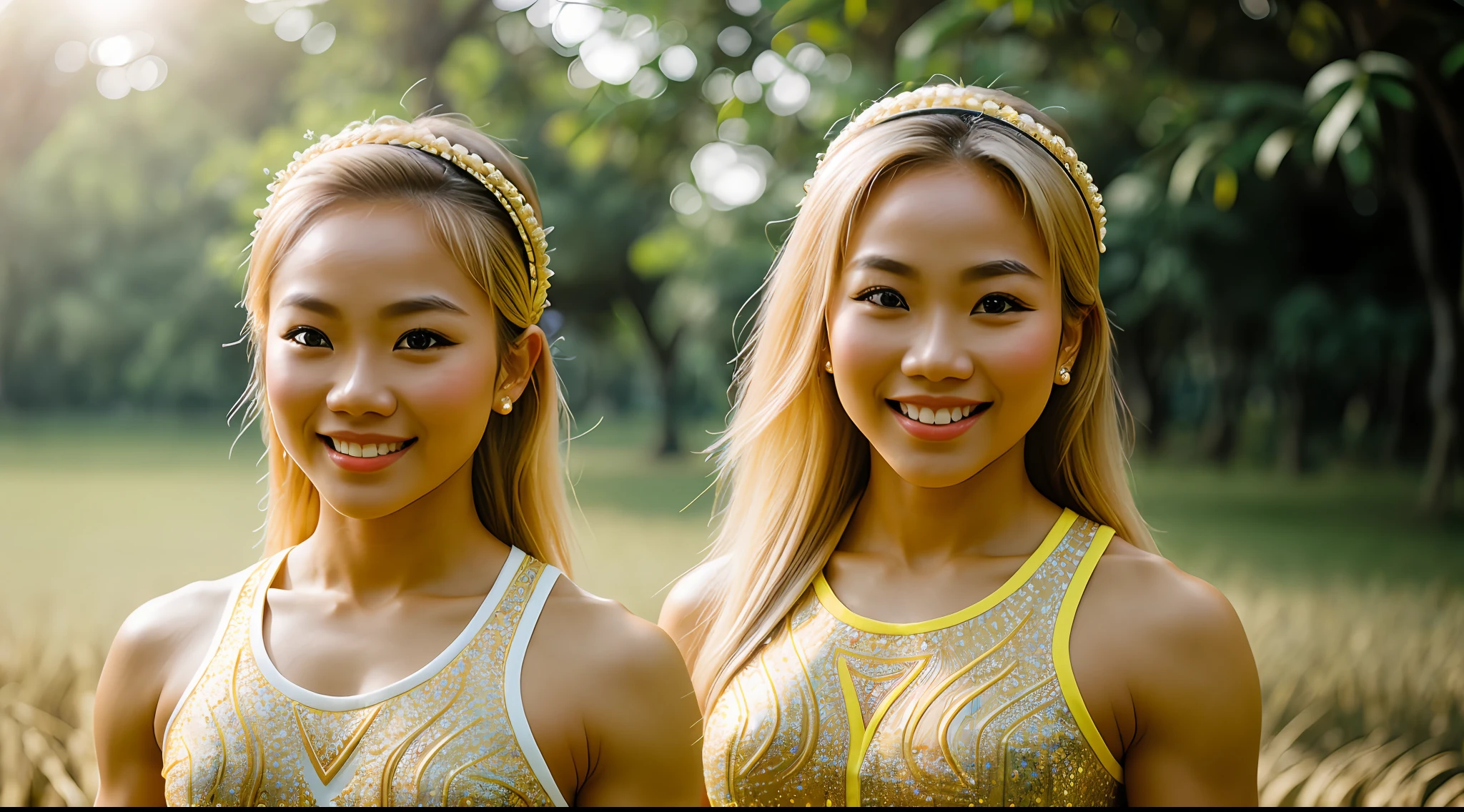 young beautiful Thai woman, blond hair, bodybuilder physique, wearing headband, in the park, masterpiece, best quality, ultra-detailed, solo, outdoors, cheerful, happy, (look at viewer:1.2) (skin texture) (film grain:1.3)