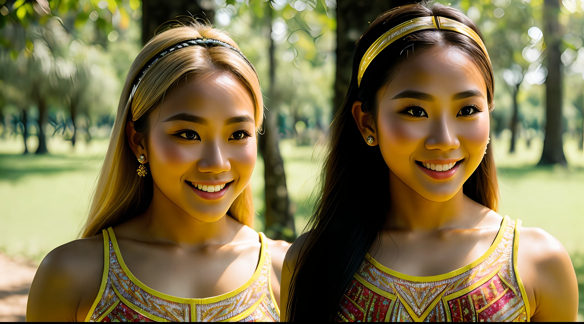 young beautiful Thai woman, blond hair, bodybuilder physique, wearing headband, in the park, masterpiece, best quality, ultra-detailed, solo, outdoors, cheerful, happy, (look at viewer:1.2) (skin texture) (film grain:1.3)