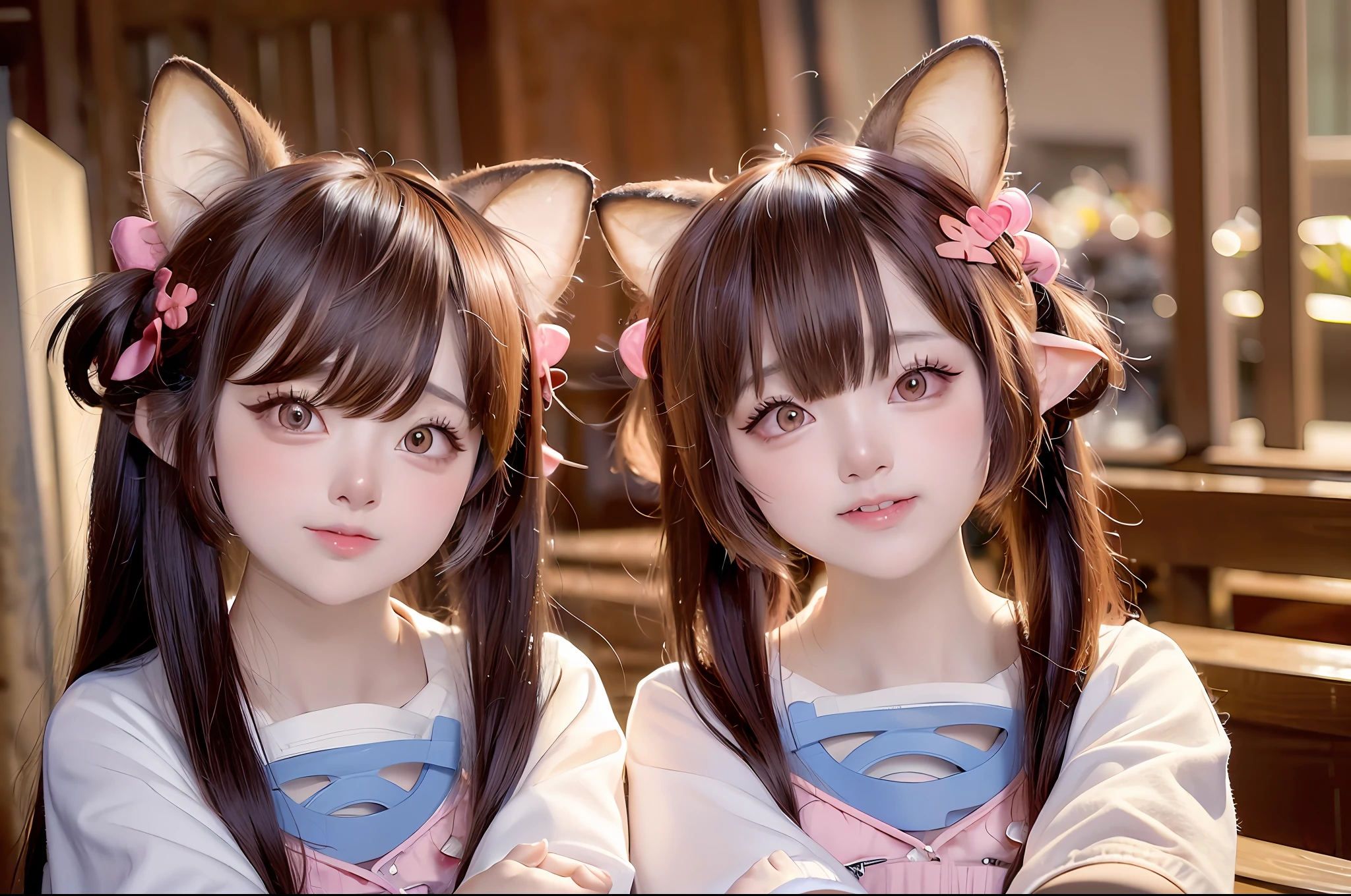 ulzzang-6500-v1.1,, (RAW photos, highest quality,high quality,high definition), (realistic, photorealistic), ultra detail, (front lighting), close-up portrait, physically based rendering, normal proportions, ((1 girl)), (high detail skin: 1.3), sloping head, detail eyes, air bang, Chinoise architecture, (((nude, nude)), brown hair, blush, doya face, straight long twin tails, cat ears, sailor suit