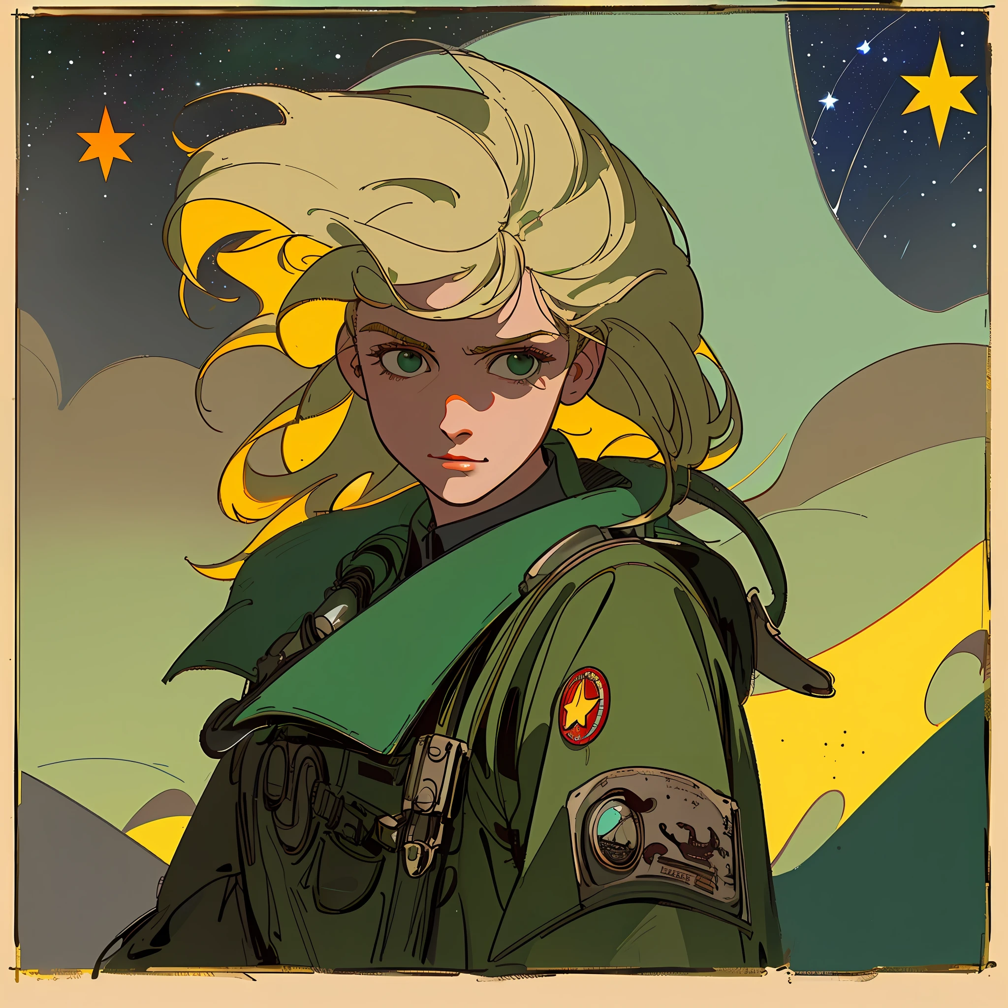 (masterpiece), (best quality), (better detail), (worn paper borders), (main color of illustration: pastel dark green), (secondary color: saturated black), vintage advertising poster of a very beautiful blonde model and Soviet-style lettering (very detailed face) with cheerful posture),western futuristic scenario of a dirty and old alley, at night (sky with many stars), , clean, busy environment, shading (detailed, lots of contrast), very saturated pulp colors