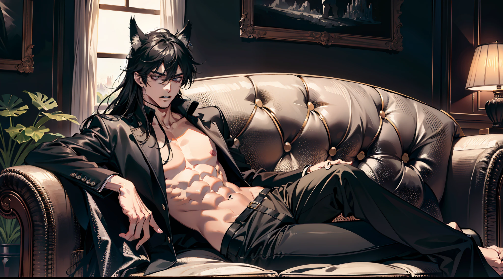 (absurdres, highres, ultra detailed), 1 male, adult, handsome, tall muscular guy, broad shoulders, finely detailed eyes and detailed face, black very long hair, gray eyes, handsome, fantasy, gothic, wolf ears, wolf tail, Sunlight, Fantastic light and shadow, Scenery, portrait, vampire fangs, open mouth, sexy, attractive, full body, tongle, no clothes, no shirt,, Dog Collar, bangs, cute face, sitting on the couch, black leather pants, no shirt