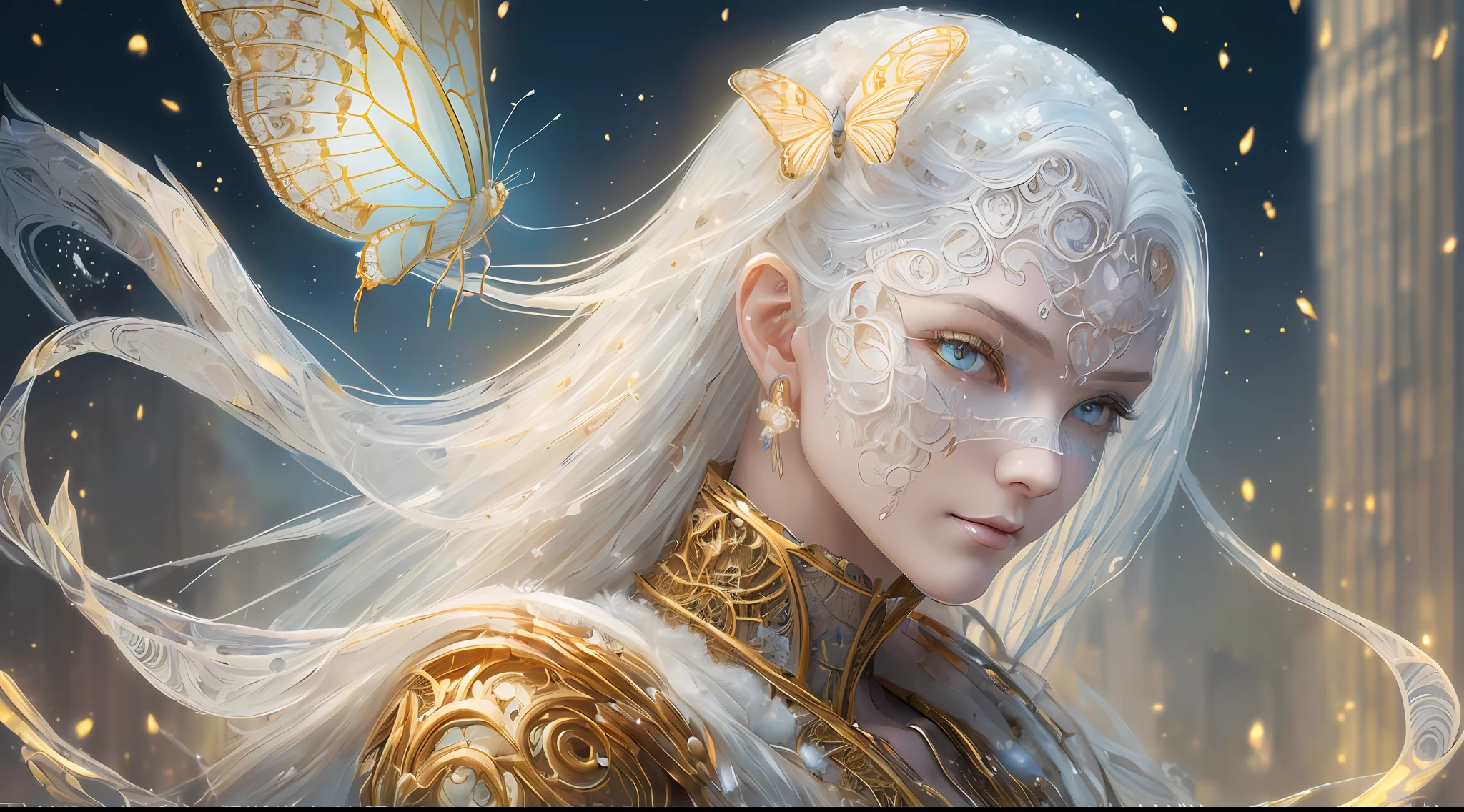 (((((ONE))))Portrait of (((((1))))) beautiful cyborg with 8k white hair, intricate, elegant, highly detailed, majestic, digital photography, art by artgerm and Ruan Jia and Greg Rutkowski, surreal painting, golden butterfly filigree, broken glass, (masterpiece, side light, delicate beautiful eyes: 1.2), Human Development Report,smile,snowy background,((close up)),city