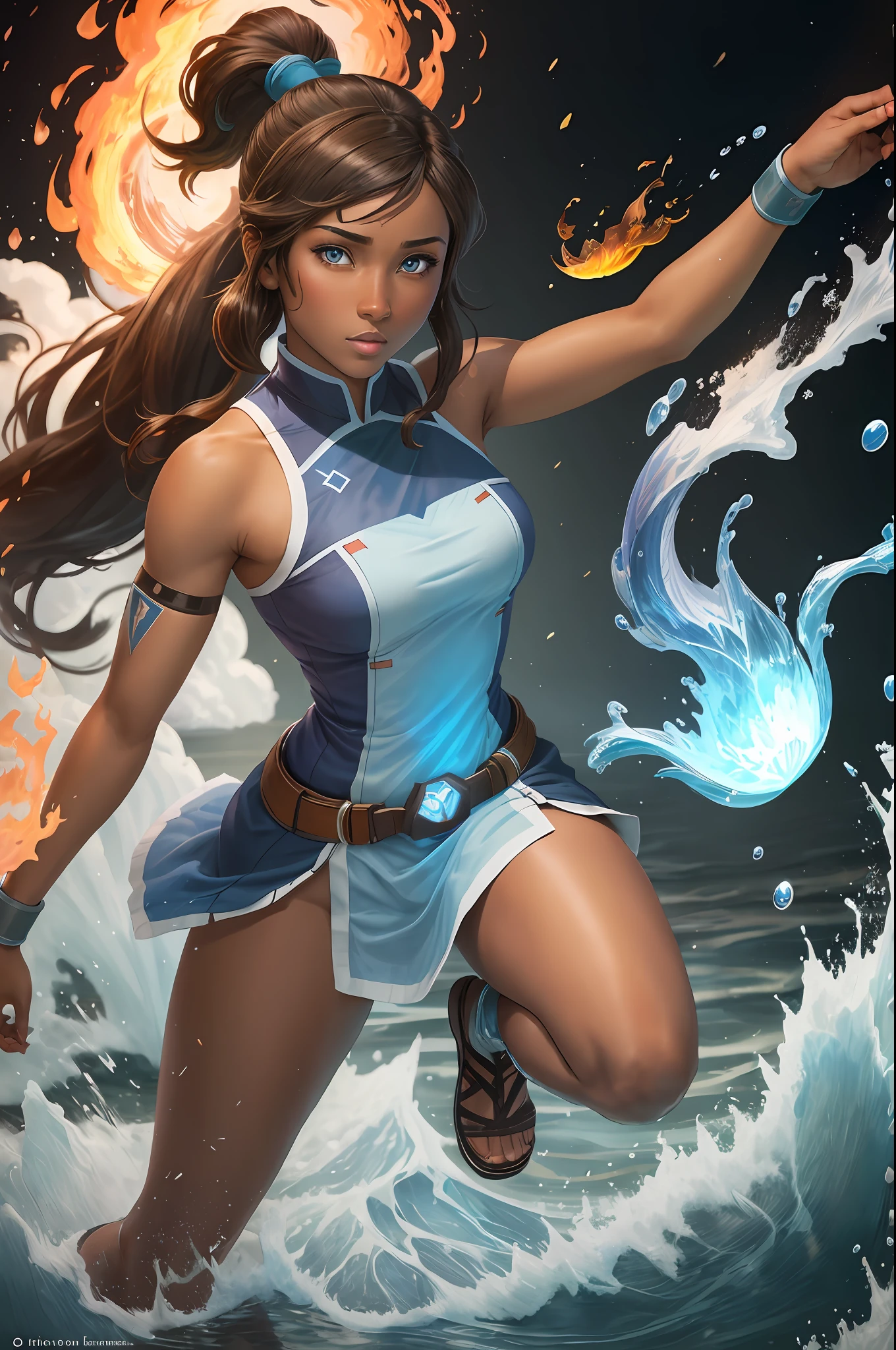 masterpiece, best quality, 1girl, korra, casting fire and water, solo, dark skin, blue eyes, brown hair, dark-skinned female, fire, hair tubes, water, ponytail, long hair, topknot, breasts, bare shoulders,