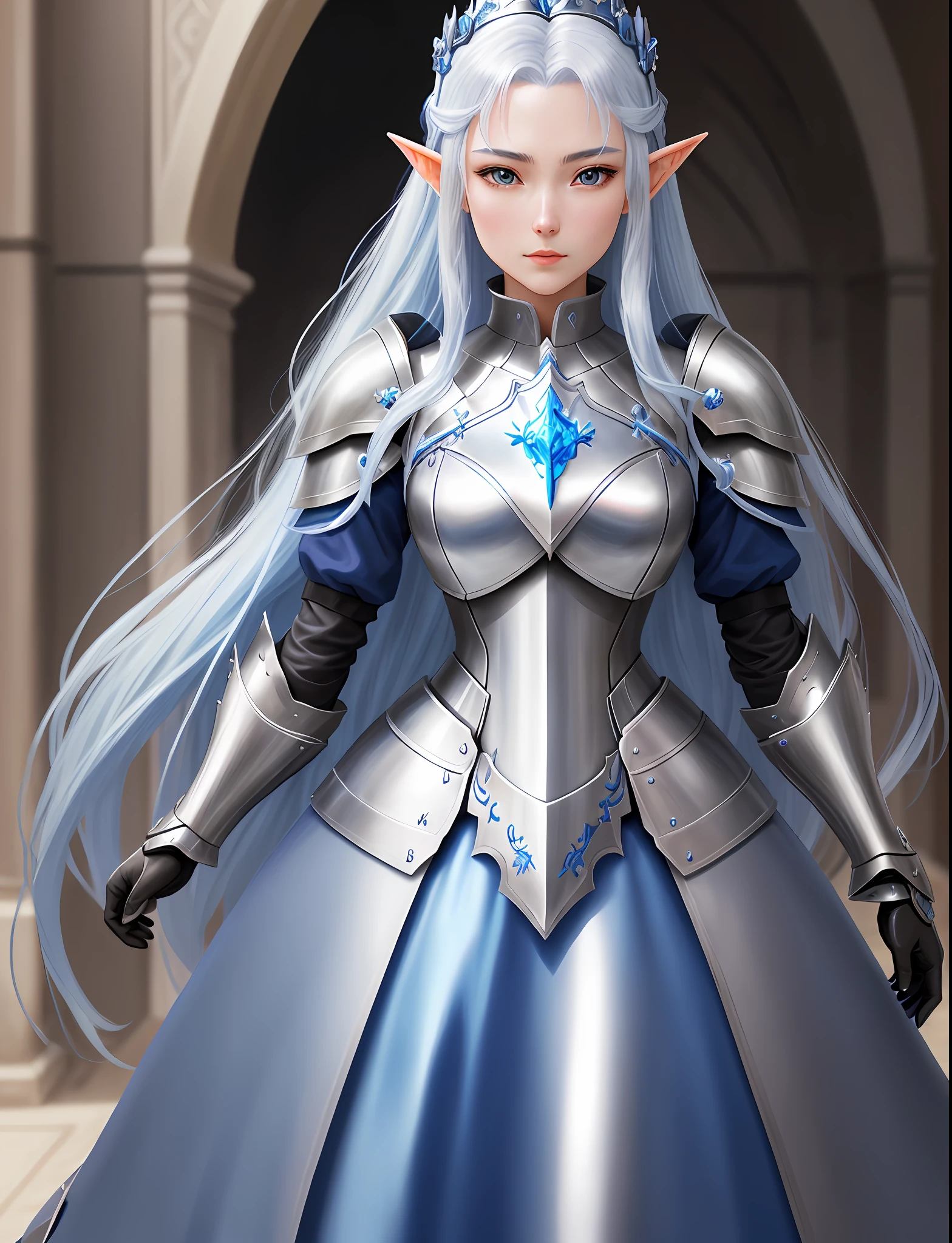 anime - style image of a woman in a blue dress with long hair, with sleek silver armor, pale blue armor, armor girl, girl in knight armor, alluring elf princess knight, high detailed official artwork, extremely detailed artgerm, portrait knights of zodiac girl, 8k high quality detailed art, dressed in armor, highly detailed exquisite fanart