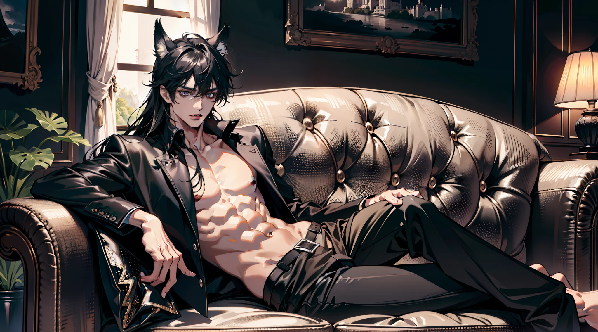 (absurdres, highres, ultra detailed), 1 male, adult, handsome, tall muscular guy, broad shoulders, finely detailed eyes and detailed face, black very long hair, gray eyes, handsome, fantasy, gothic, wolf ears, wolf tail, Sunlight, Fantastic light and shadow, Scenery, portrait, vampire fangs, open mouth, sexy, attractive, full body, tongle, no clothes, no shirt,, Dog Collar, bangs, cute face, sitting on the couch, black leather pants, no shirt
