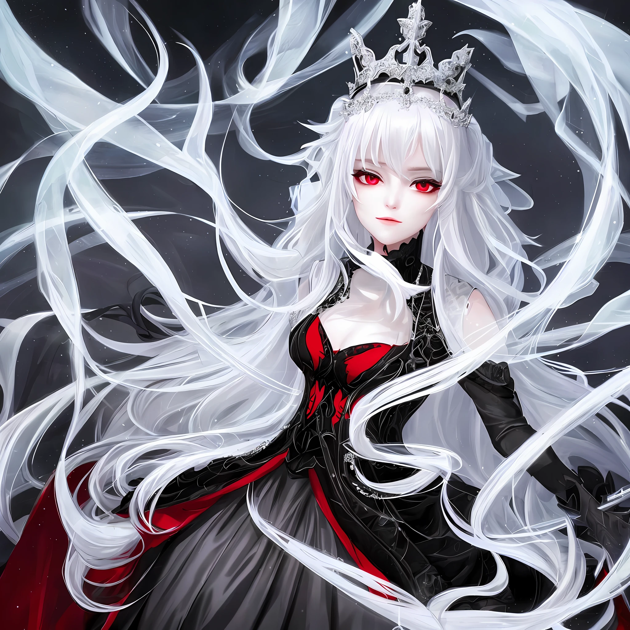 A beautiful lady from the ice kingdom, with her beautiful long white hair and her beautiful red eyes, she is wearing her beautiful black and elegant queen's dress and has a beautiful crown on her head, her face is beautiful and delicate