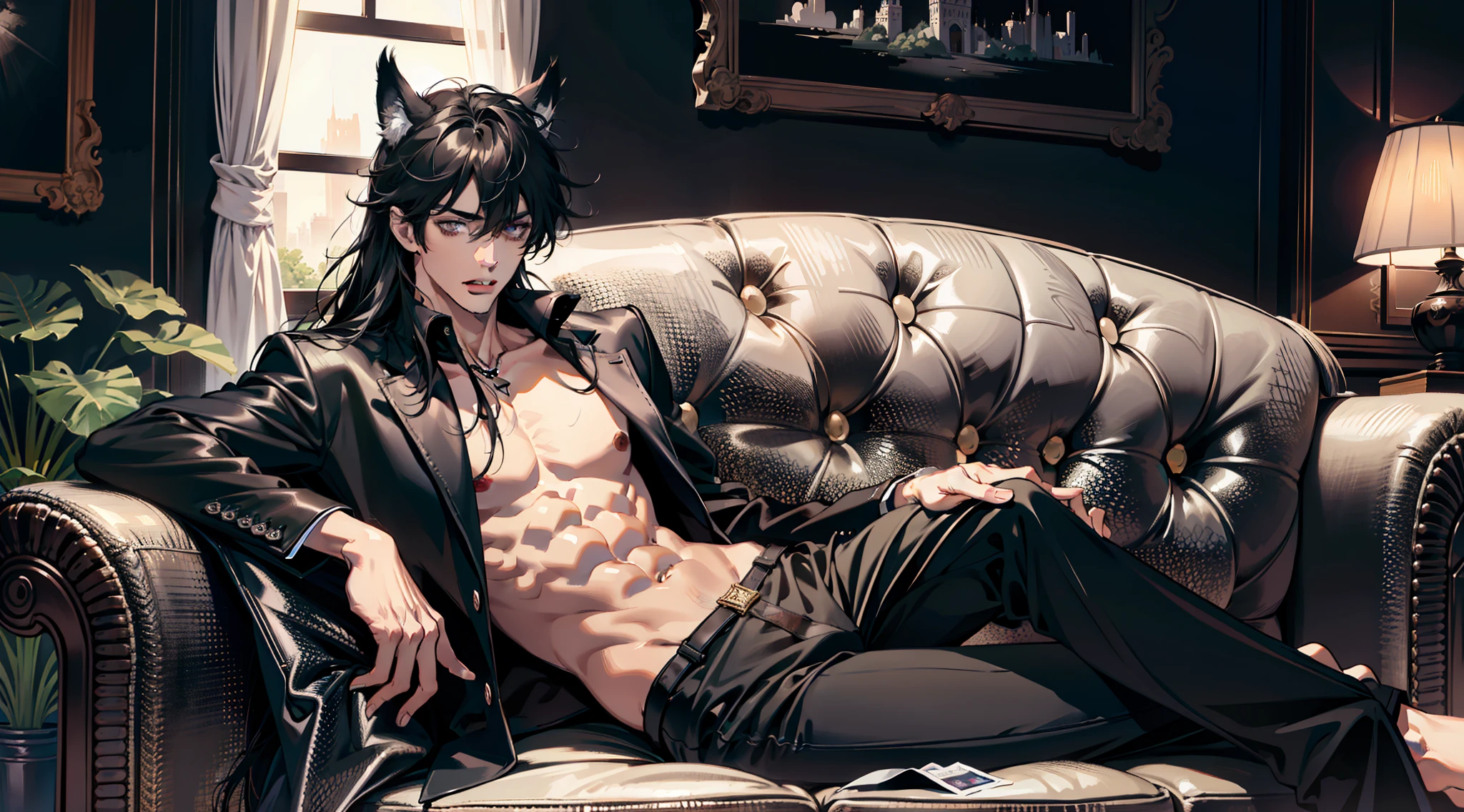 (absurdres, highres, ultra detailed), 1 male, adult, handsome, tall muscular guy, broad shoulders, finely detailed eyes and detailed face, black very long hair, gray eyes, handsome, fantasy, gothic, wolf ears, wolf tail, Sunlight, Fantastic light and shadow, Scenery, portrait, vampire fangs, open mouth, sexy, attractive, full body, tongle, no clothes, no shirt,, Dog Collar, bangs, cute face, sitting on the couch, black leather pants, no shirt